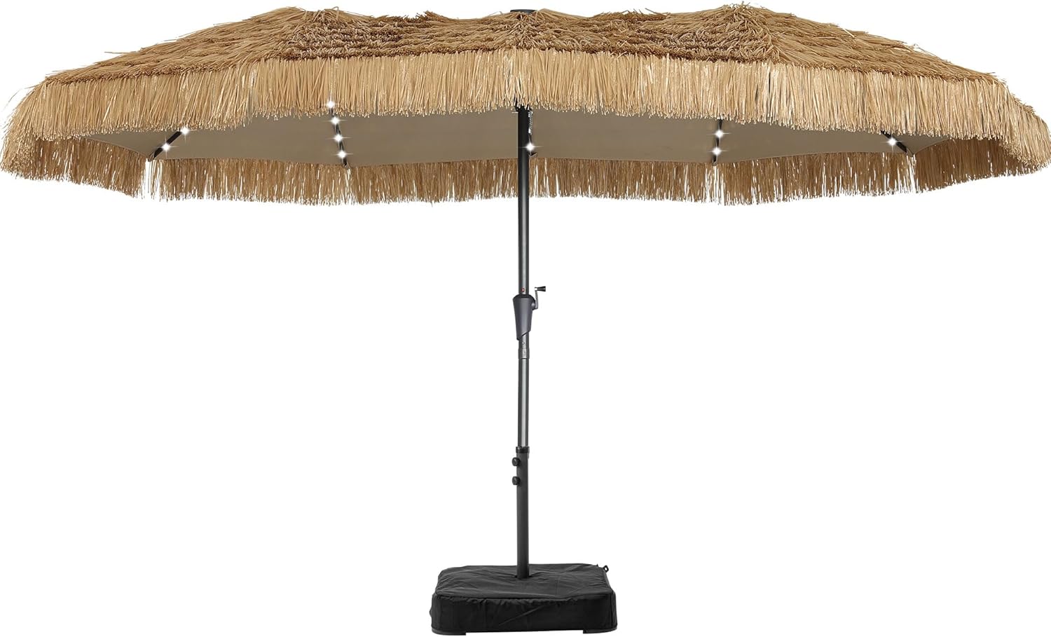 15FT Thatch Umbrella Tiki Bench umbrella With Base&Solar Lights, Sunshade Umbrella with Water-resistant for Bench, Patio,Pool