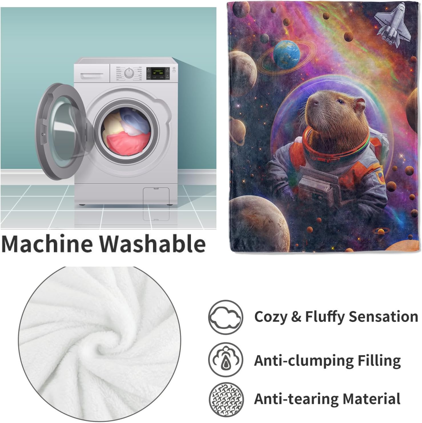 Space Capybara Astronaut Flannel Blanket,Cosmic Planets and Rainbow Soft Lightweight Throw Blankets Gifts for Women Animal Lovers,50" x 60" Perfect for Couch Bed Home Travel Decor