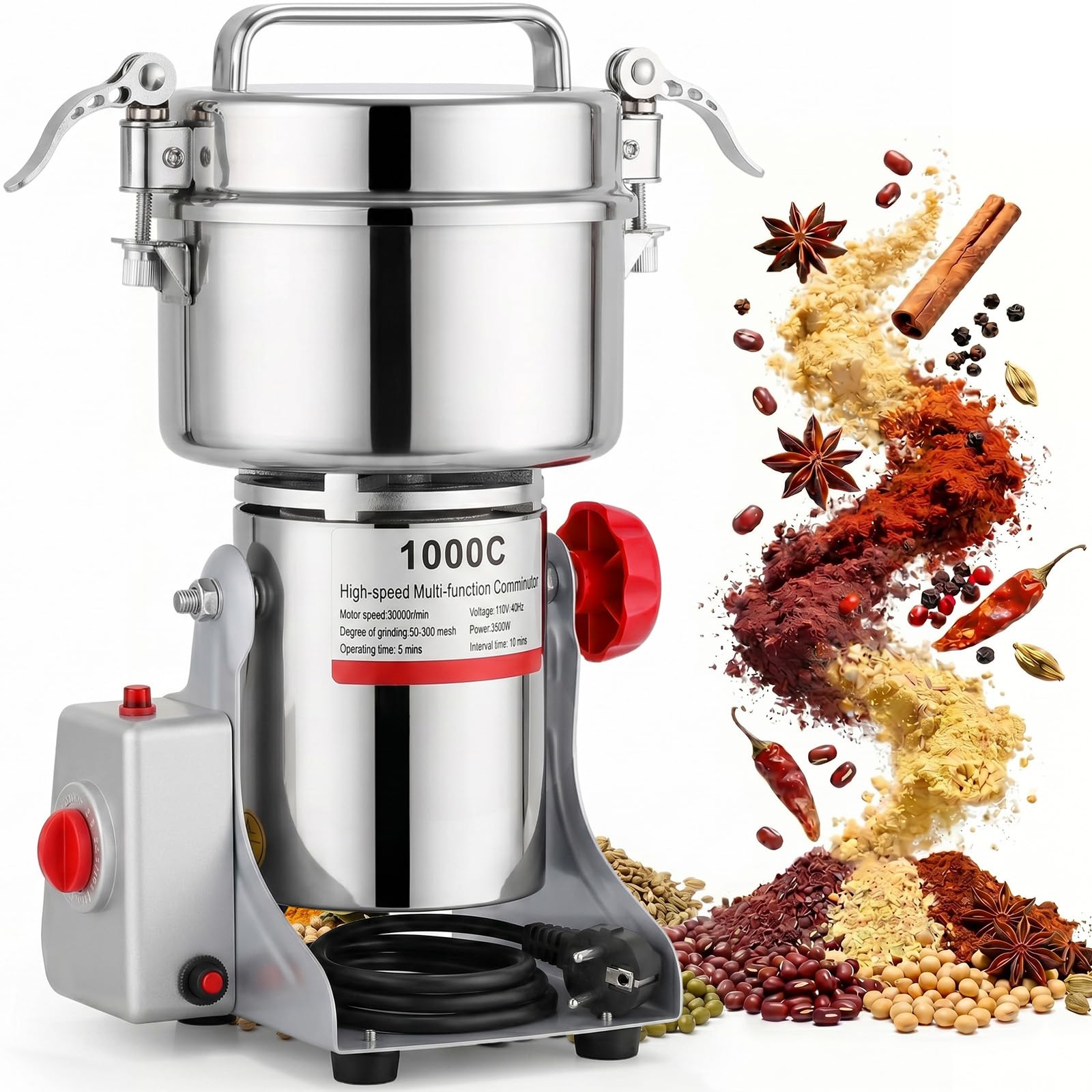 Tragbare Getreidemühle 220 V, 1000g Elektrische Getreidemühle, Superfein Edelstahl Mühle, Hochgeschwindigkeits-Gewürzmühle mit 3000 W, für Trockene Körner, Gewürze, Müsli, Kaffee, Kräuter, Pfeffer
