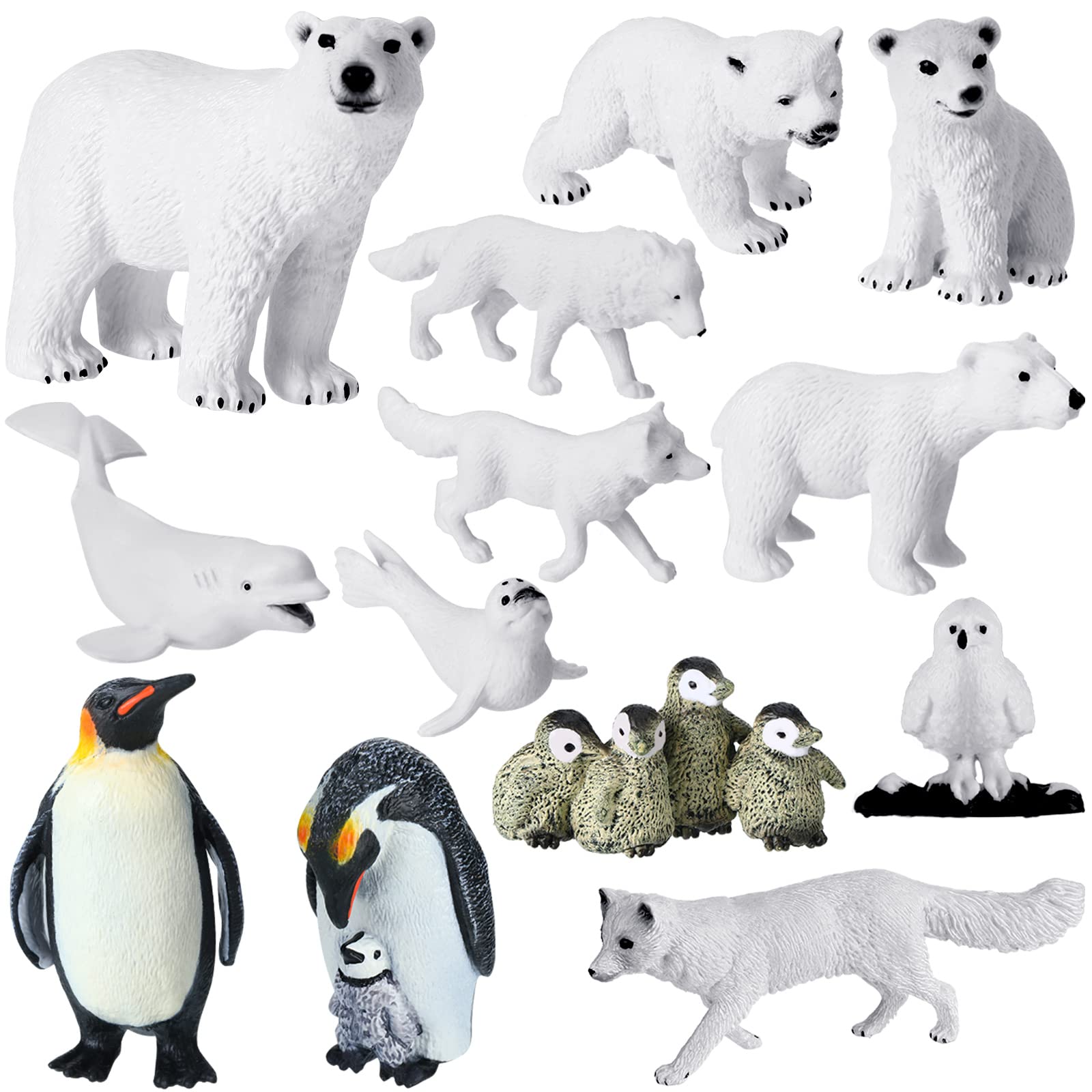 Jetec 14 Pieces Polar Animal Figurines Realistic Arctic Animal Figurine Toys Set Including Penguin Hare Wolf Beluga Whale Bird Seal for Cake Toppers Christmas Birthday Party Supplies