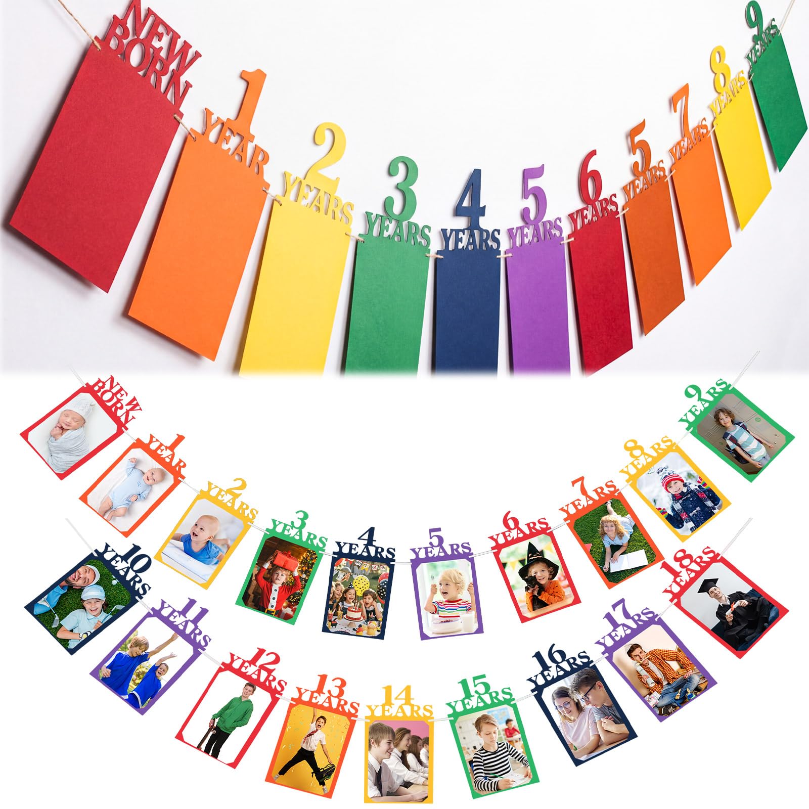 Breling 18th Happy Birthday Photo Banner Newborn to 18th Age Photo Banner Decorations 16th Party Picture Frame Garland Display Party Supplies(Rainbow) โ image 1