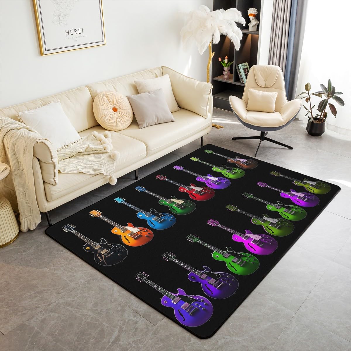 Homewish Tapis Salon 100x150cm Guitare Colorée, Tapis Chambre Thème Musical, Tapis Sol Musique Rock 3D, Décoration D'Intérieur pour Enfants Garçons Filles Adultes Instrument Retro