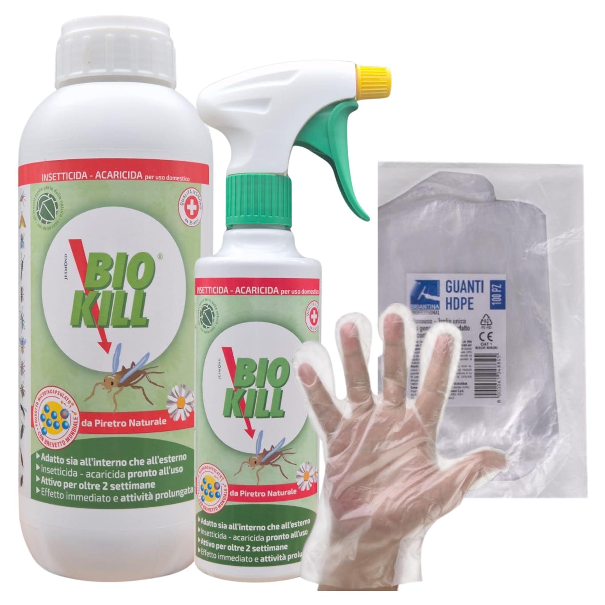 Kit Biokill Insetticida Biologico da Piretro Naturale a Base Acquosa, Acaricida, Non Lascia Odore, Spray da 375ml + Ricarica da 1LT + OMAGGIO 100pz Guanti Monouso (1RIC+1SPRAY+1CF GUANTI)