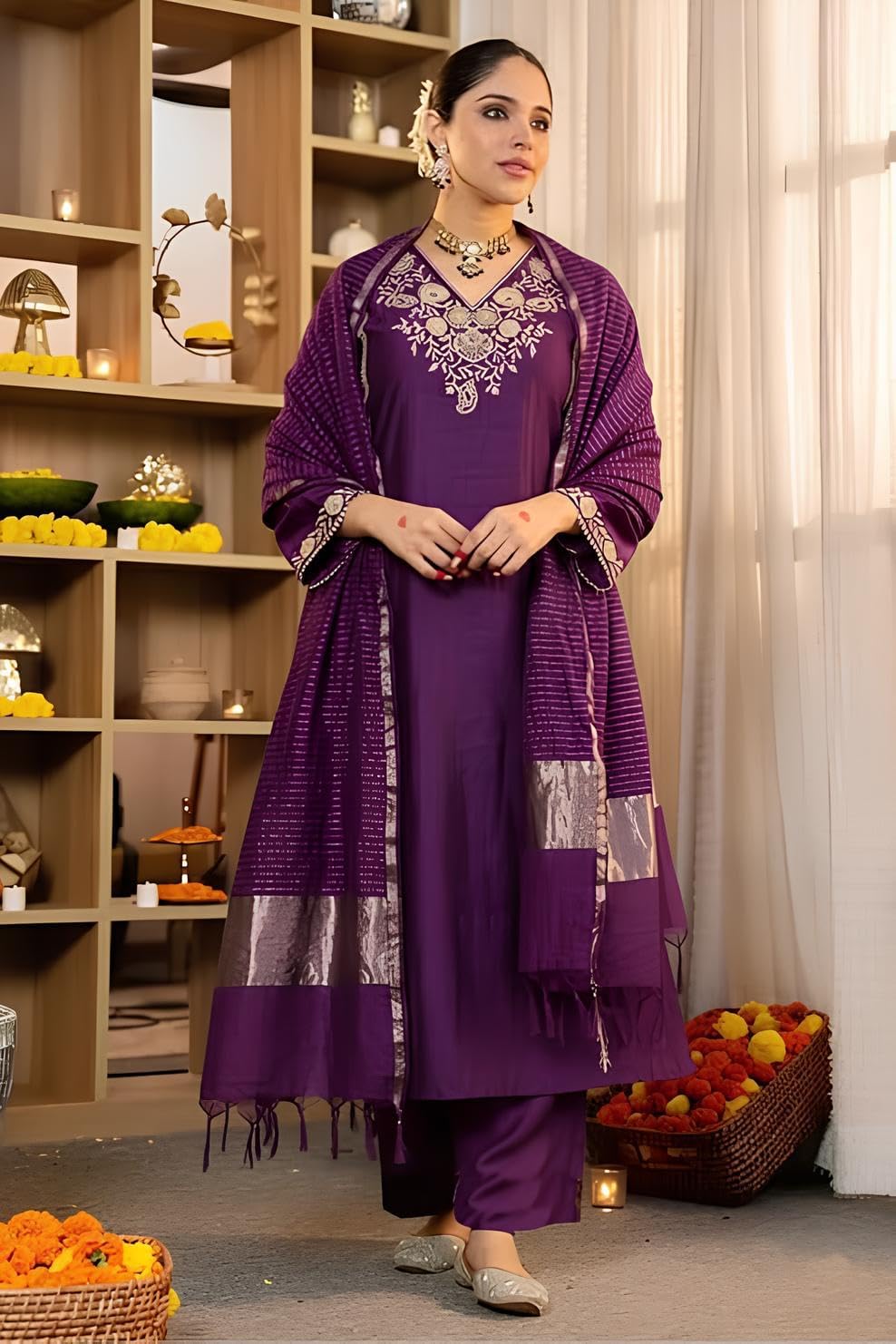 Women Embroidery Solid Straight Kurta & Pant Set with Dupatta | Salwar Suit Set - Indian Ethnic Traditional Wear Kurta Set