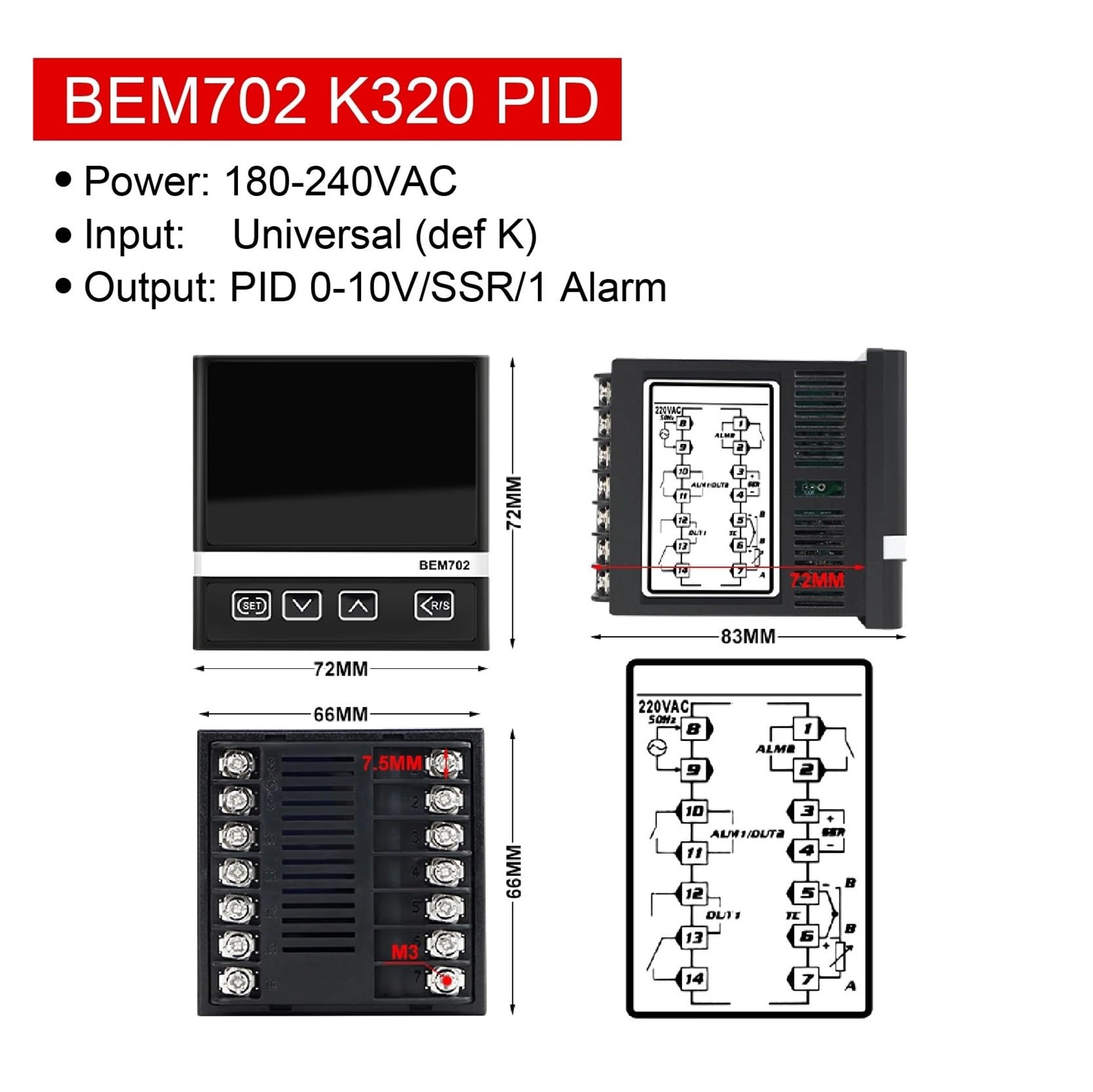 Controlador de temperatura PID BEM702-K320 PID V Pantalla digital Entrada universal 4-20 mA/RS485/0-10 V Salida Relé de estado sólido Alarma dual