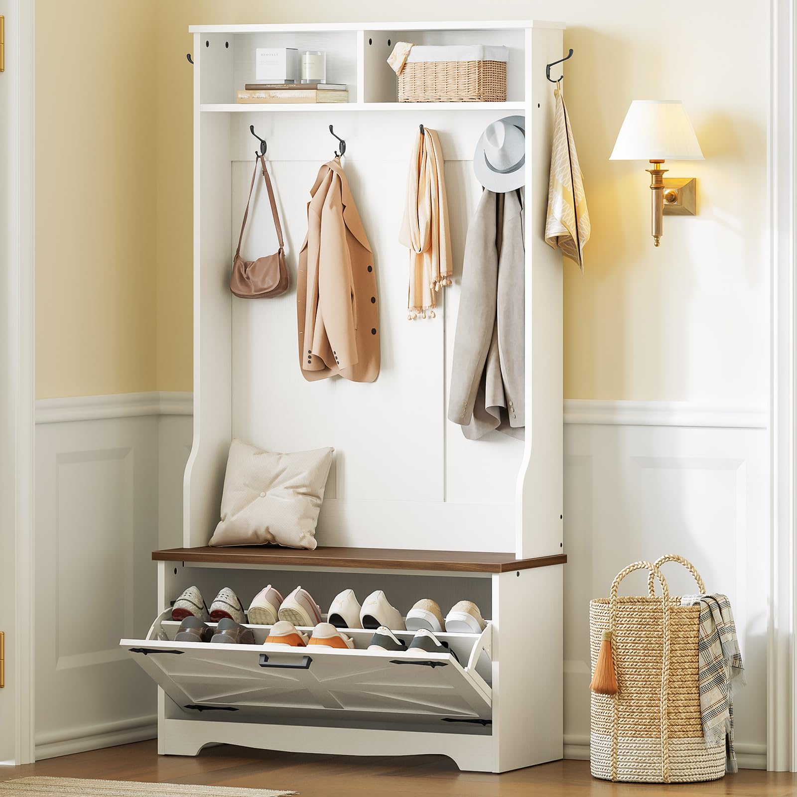 HOOBRO Hall Tree with Bench, Entryway Bench with Coat Rack and Shoe Cabinet, Flip Drawers, Farmhouse Hall Tree with Shoe Organizer, Mud Room, White