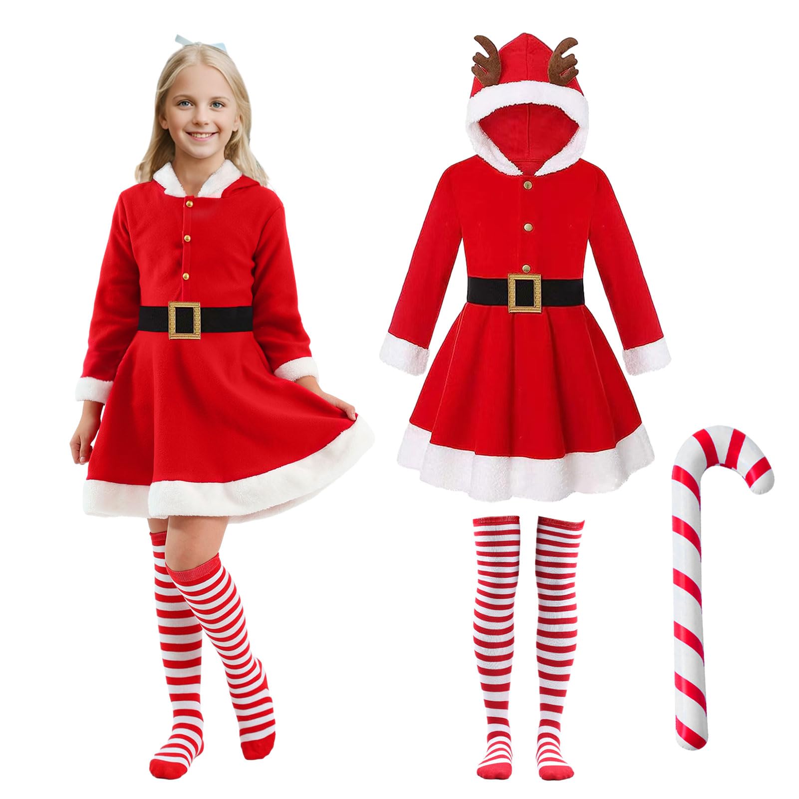HarnyLoom Girls Santa Claus Dress Red Button Hood with Deer Antlers Holiday Party Show Christmas Theme Costume Dress with Belt (140)