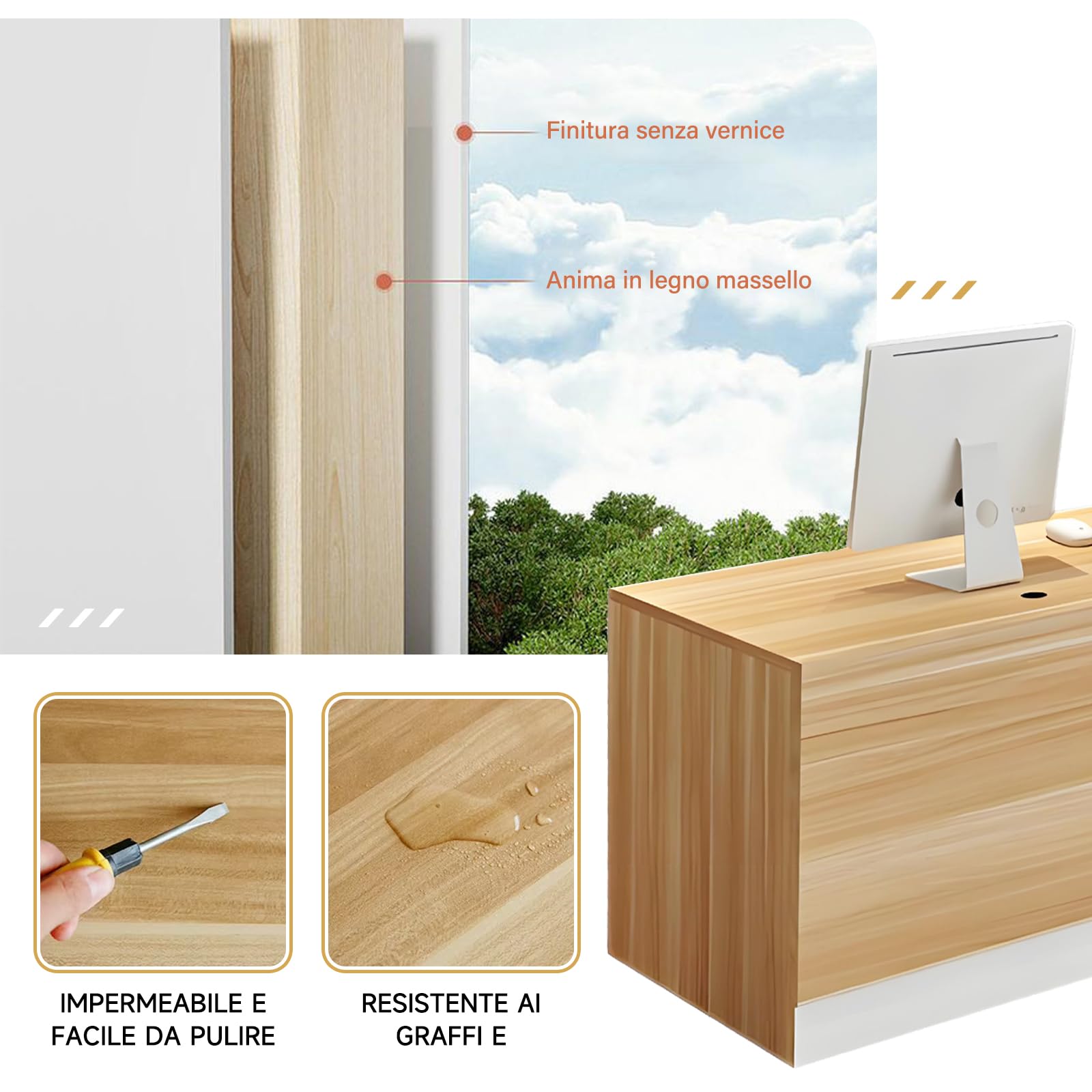 Bancone Reception Moderno con Spazio di Archiviazione, Scrivania Reception da 100–240 cm con Cassetto e Ripiani, Ideale per Uffici, Saloni, Hall e Negozi