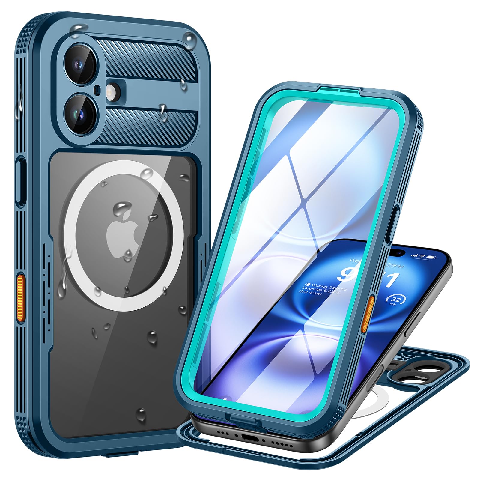Coque iPhone 16 étanche antichoc MagSafe et étui imperméable bleu - 7