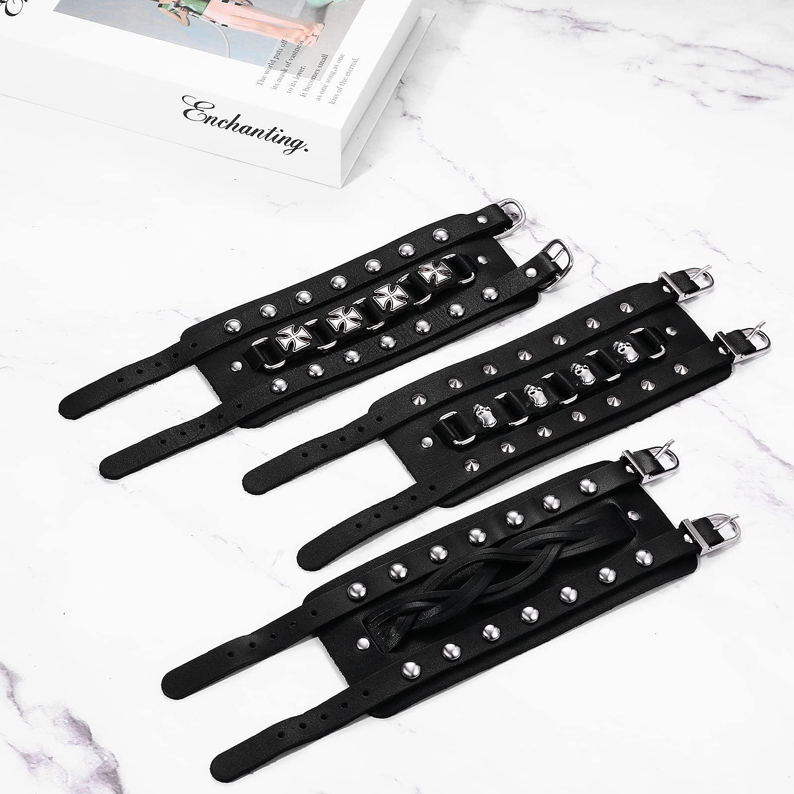 Flongo Bracciale da uomo in pelle, bracciale da forza, stile gotico, punk rock, bracciale a testa di morte da uomo con rivetto e bottone, bracciale da motociclista grande, regalo per uomo