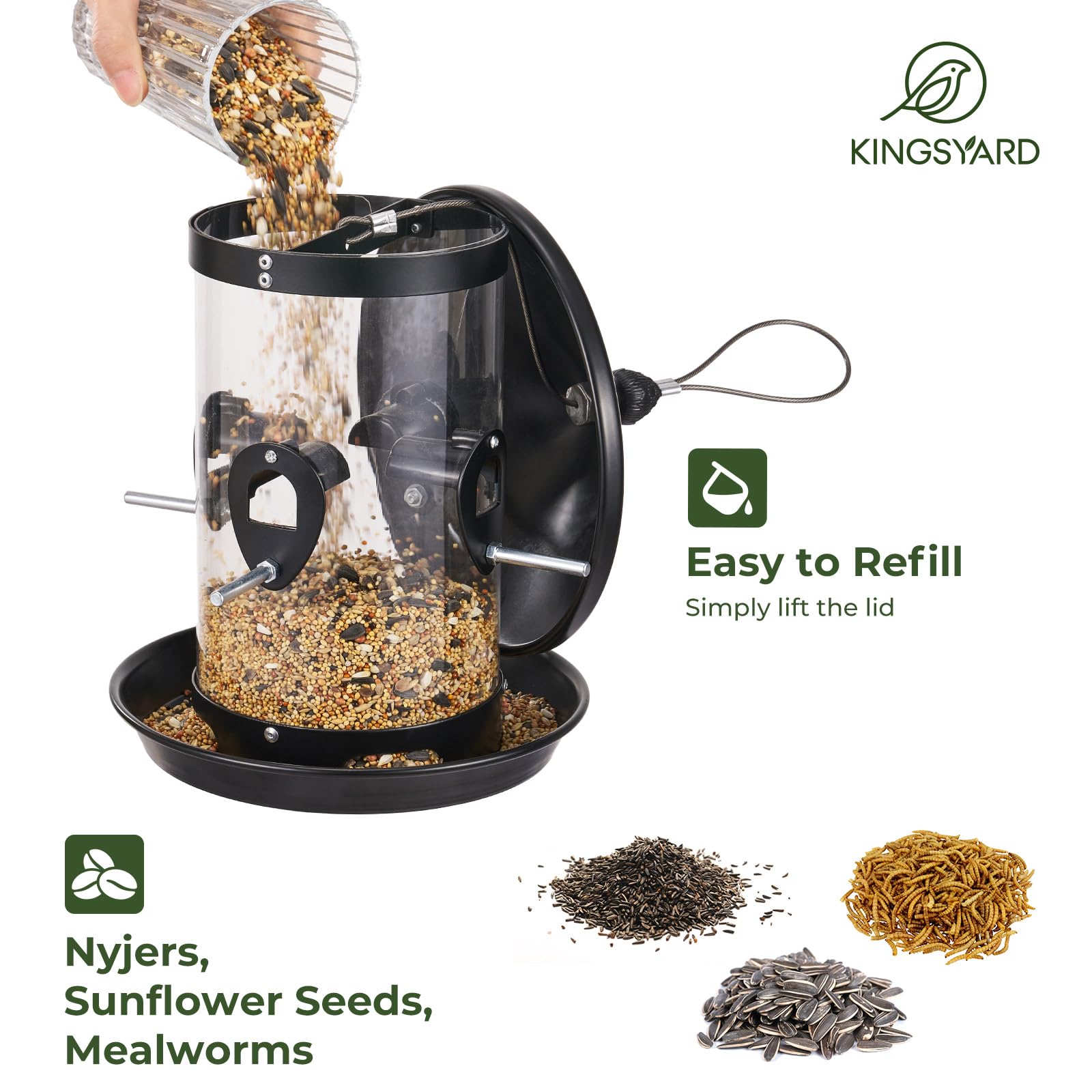 Kingsyard Comedero de metal para pájaros para colgar al aire libre, comederos de tolva con bandeja de semillas, tubo de gran capacidad de 3 libras con 4 puertos, fácil de llenar y limpiar, color negro