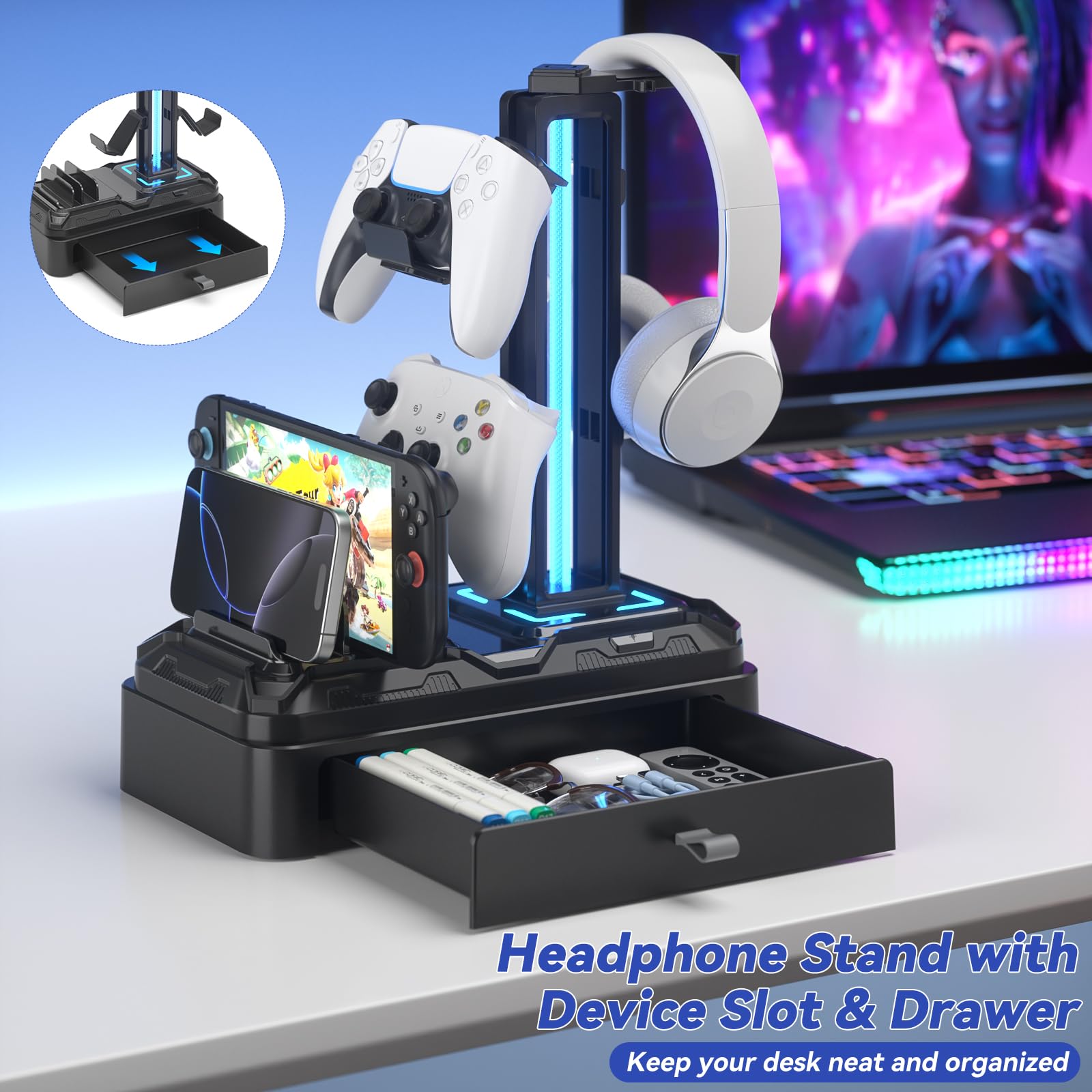 KDD Supporto Cuffie con Porte USB A&C - Supporto Controller e Ganci Rimovibili - Appendi Cuffie Girevole e Slot per Dispositivi per Telefoni/Tablet - Base con Cassetto per Scrivania, Gaming