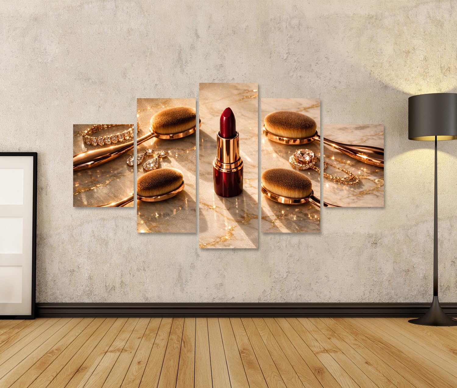 islandburner Bild auf Leinwand Eleganter Lippenstift mit Make-up-Pinseln und Schmuck auf Marmor - 5-teilig