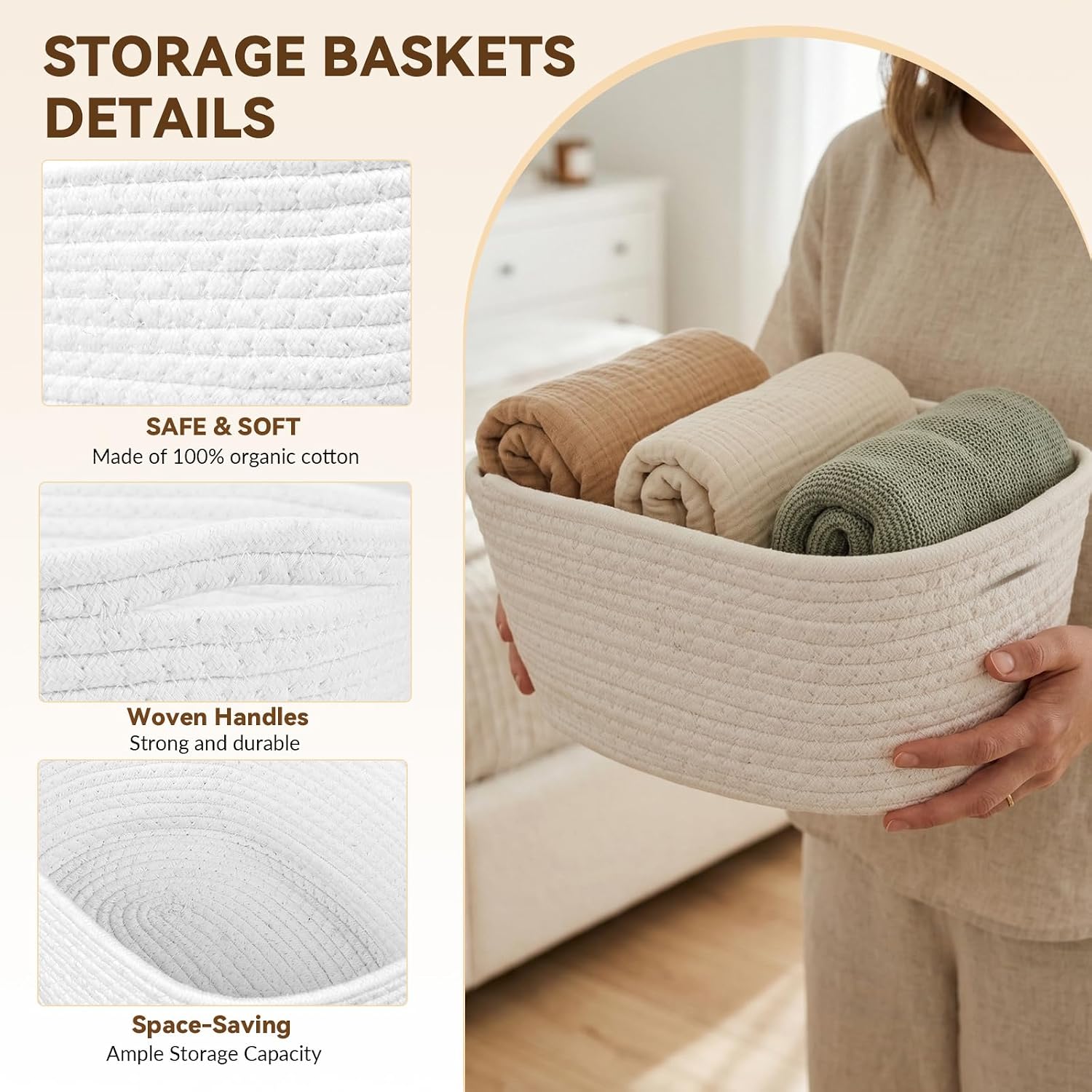 10 Pack Small Woven Baskets for Organizing, 12"x8"x5" White Cotton Rope Storage Bins with Handle, Empty Gift Basket Kit for Baby Shower, Nursery, Shelf, Bathroom & Closet Organizing