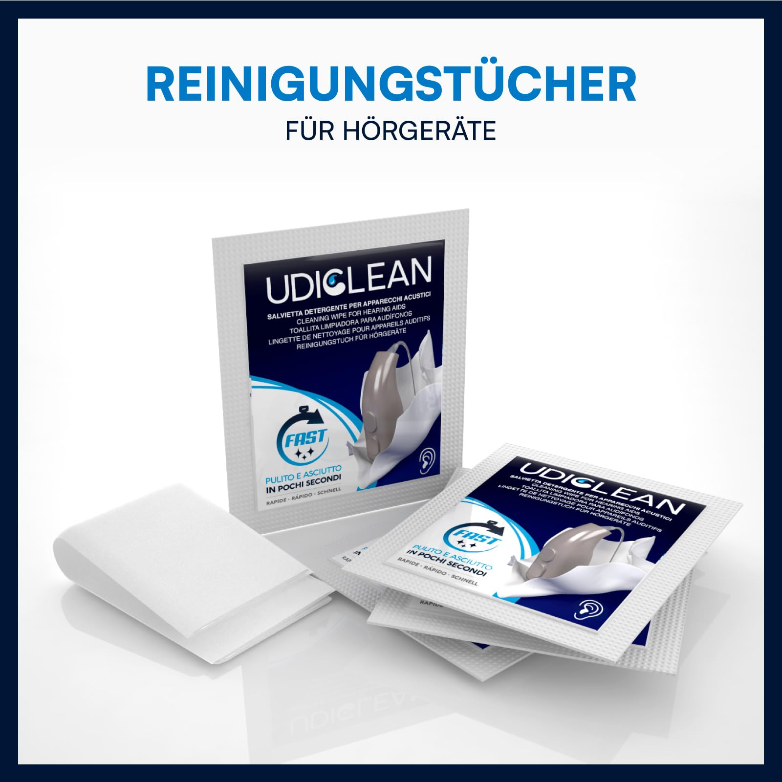 200 Hörgeräte-Reinigungstücher Udiclean einzeln verpackte Feuchttücher - entfernt Schmutz Fett und Schweiß - schnelltrocknend