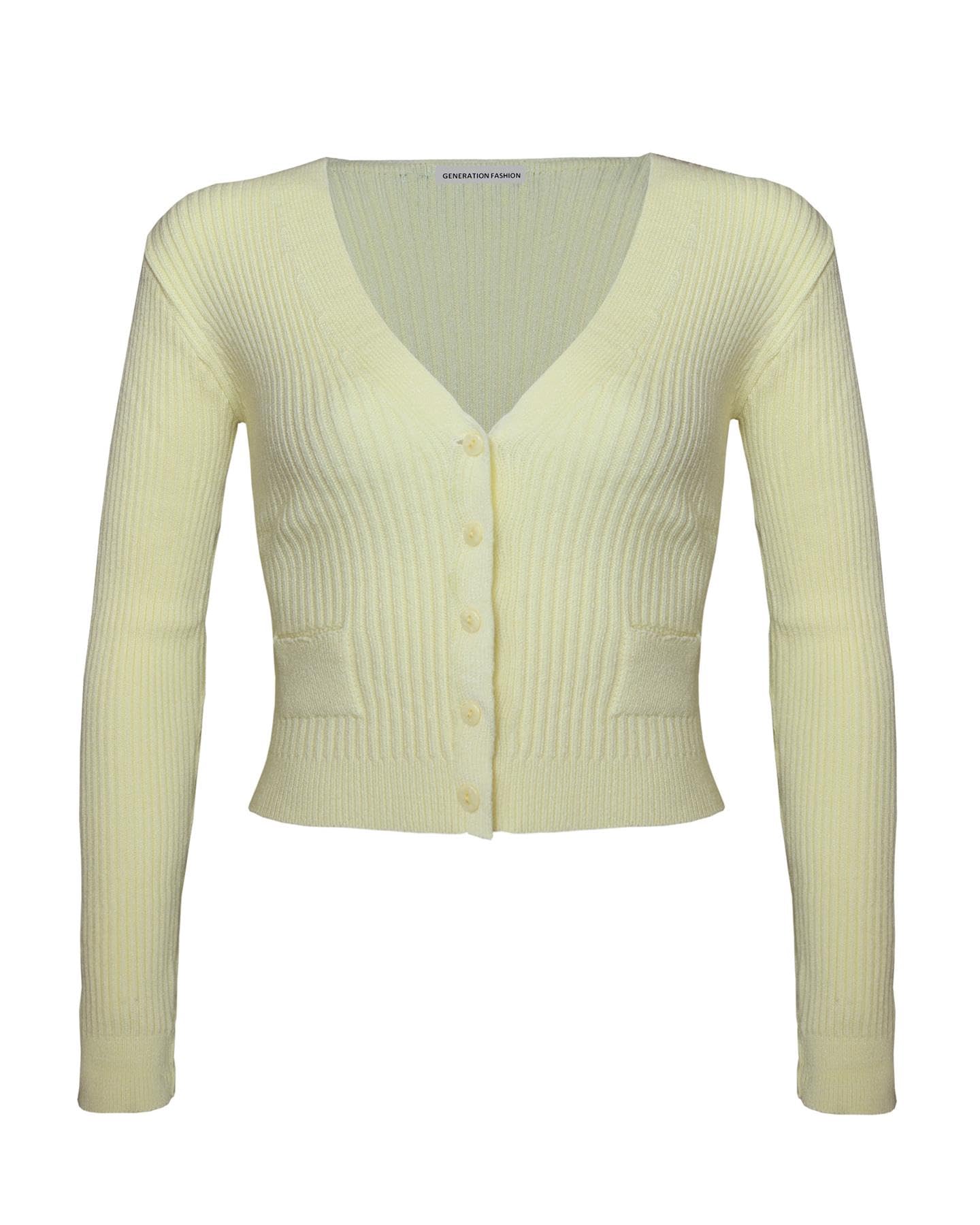 Top Vendor Women's Primerose New Knitted Long Sleeve V-Neck Cropped Cardigan Top Sweater With Small Pockets And Buttons [,