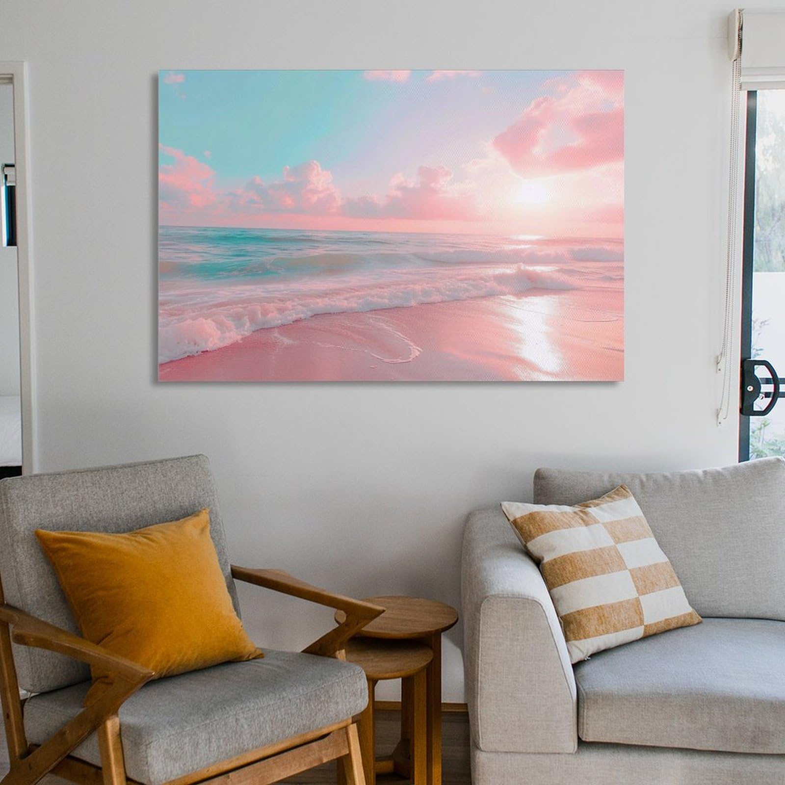 Amazon.co.jp: 絵画 ピンクの背景のビーチインテリア 絵画 美しい海の