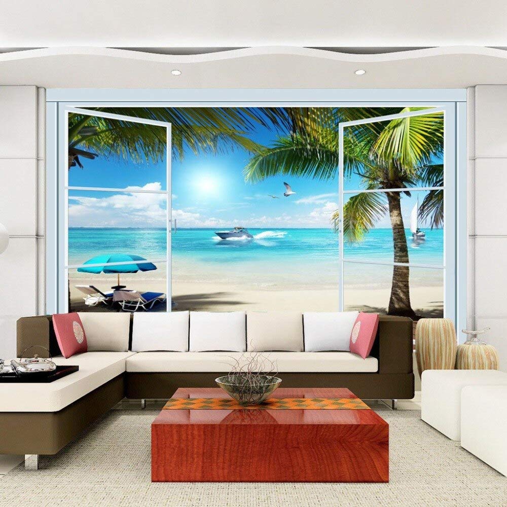 Benutzerdefinierte 3D-Fototapete Ocean View 3D-Stereo-Fenster TV-Hintergrund Wandbild Wandmalerei Wohnzimmer Tapete Home Decor,240cm(W) x 220cm(H)