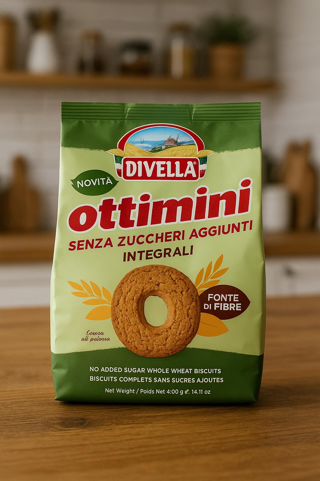 Ottimini Integrali Senza Zuccheri Aggiunti - Biscotti Integrali Fonte di Fibre, Senza Zucchero, 6 Confezioni da 400g ciascuna (Totale 2,4 kg) per Divella