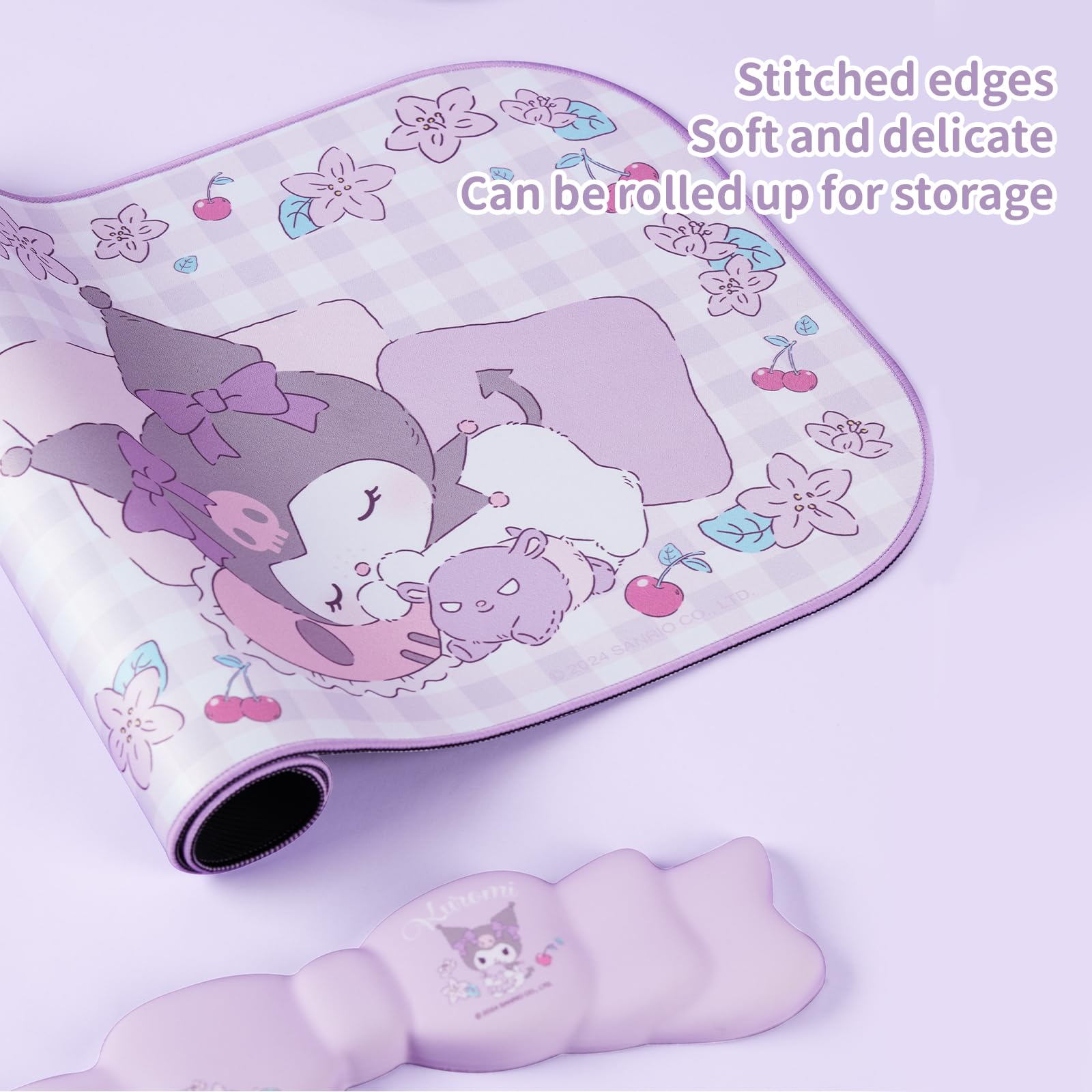 Kuitmor KLM Flower Dream - Set di tappetino per mouse Kawaii con poggiapolsi e poggiapolsi antiscivolo in memory foam con fiocco per tastiera e mouse, perfetto per giocare o lavorare a casa, in