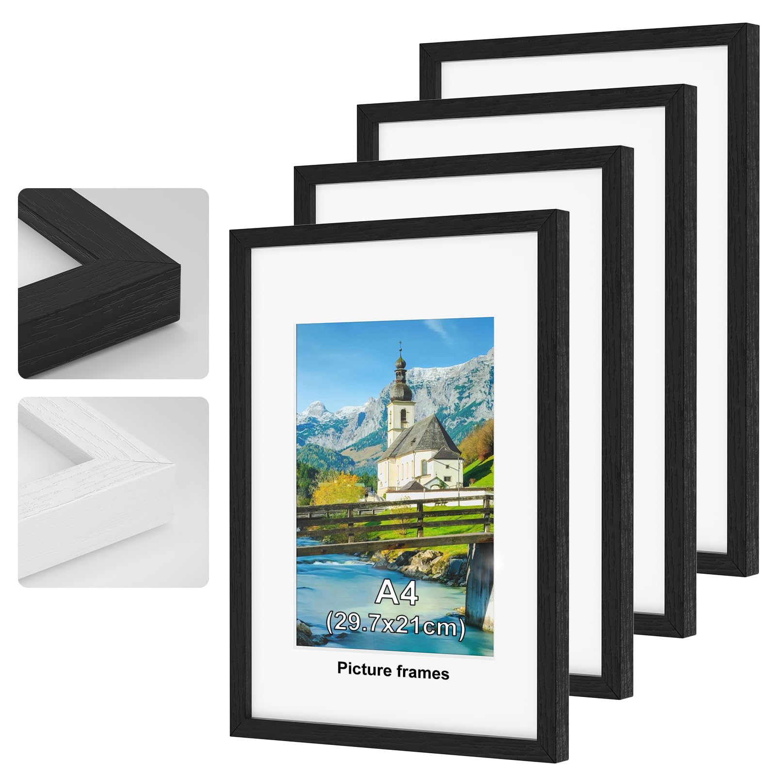 4Pack A4 Picture Frame, Black Wooden Picture Frames, 29.7x21cm Photo Frame with Perspex Glass, With Stand and Wall Mountable