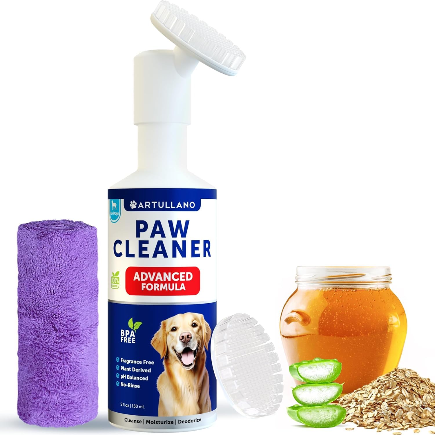 Paw Cleaner for Dogs - Silicone Brush and 5fl Oz No-Rinse Foaming Cleanser - Fragrance-Free, pH Balanced Formula