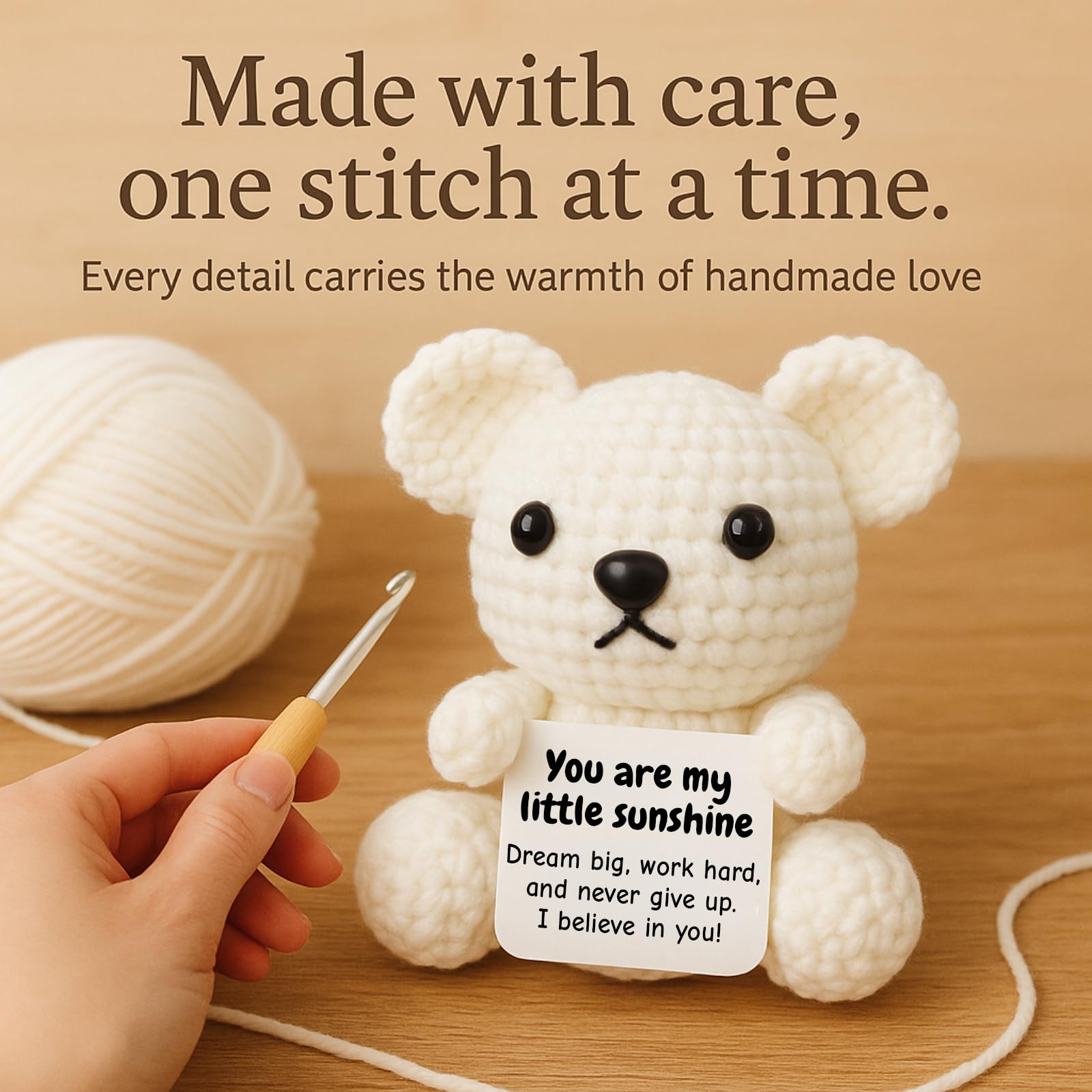 DEYBA Handmade Crochet Bear with Inspirational Message Card – Warmth Series – Thoughtful Encouragement for Friends, Kids & Loved Ones, Perfect for Holidays or Special Occasions