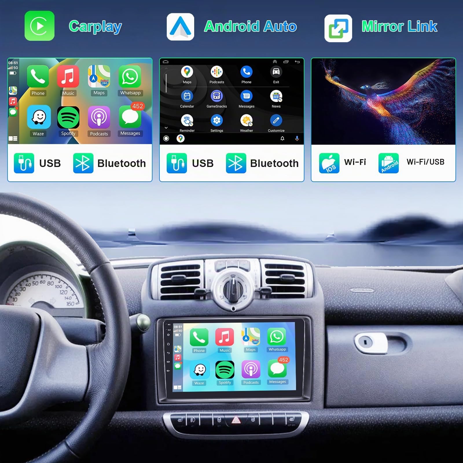 8 Core 4G+64G Autoradio per Mercedes Benz Smart Fortwo 451 2005-2010 Android 9 Pollici Touch Schermo GPS Navigation Carplay Android Auto Mirror Link 2 Din Radio Bluetooth DSP WiFi RDS Camera Hodozzy