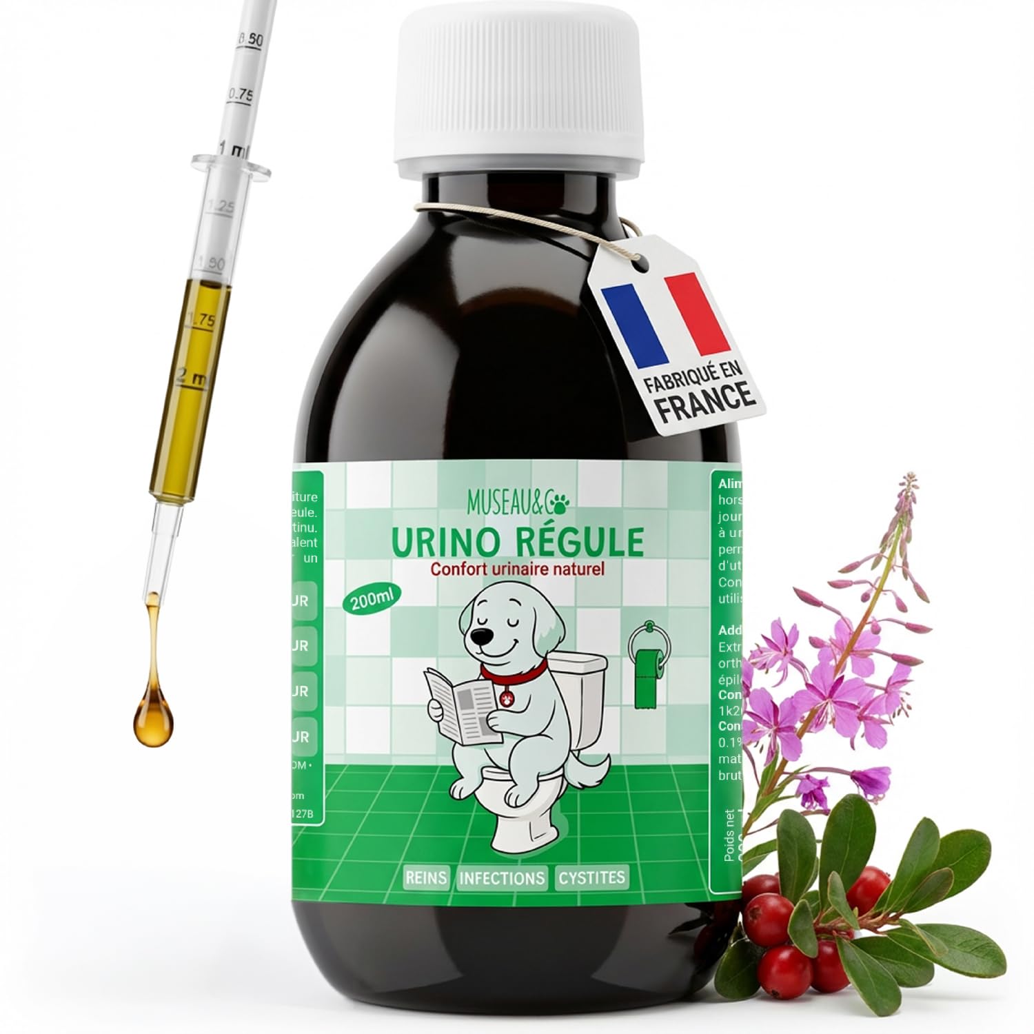 Museau & Co Urino Régule – Infection Urinaire Chien – 200ml – Cystite Chien & Chat, Anti-inflammatoire, Soutien Vessie & Reins, Confort Urinaire Fabriqué en France