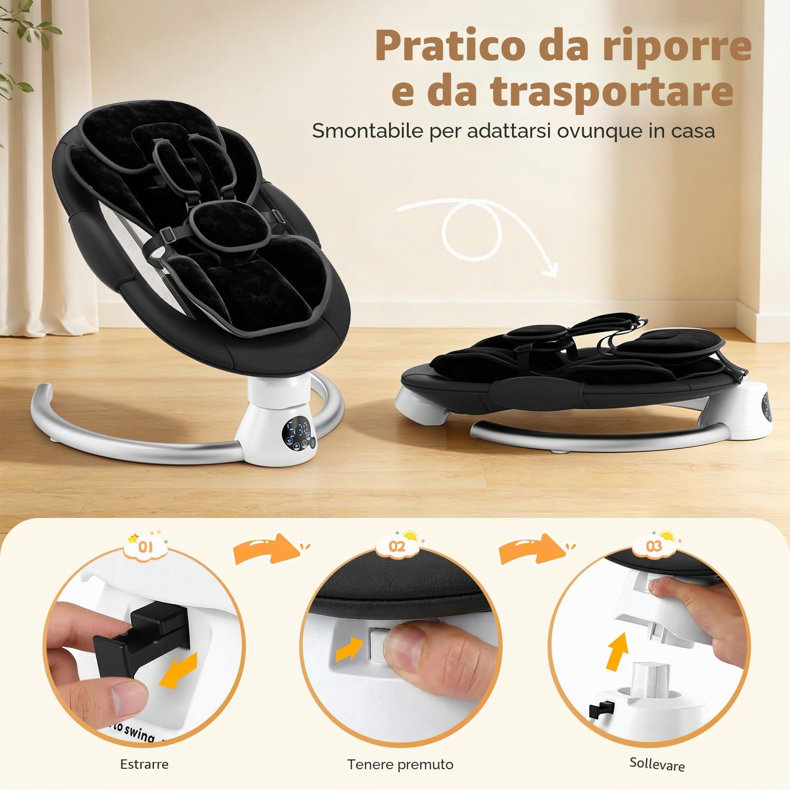 Sdraietta Elettrica per Bebè con App e Telecomando, Hamaca Elettrica fino a 9 kg con 5 Velocità di Oscillazione, 3 Timer, 11 Canzoni, Cinture di Sicurezza a 5 Punti, 2 Posizioni Seduta - Nero