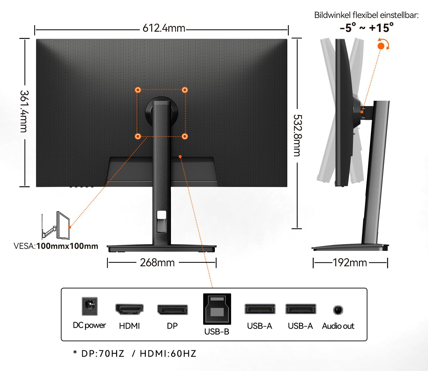 CUNPU 27 Zoll 4K Monitor USB-C 65W, Matt IPS Panel 1ms GTG, USB Hub, SRGB 122%, DCI-P3&AdobeRGB 95%, Delta E＜2, HDR, Eye Care, VESA(100X100mm), 1x DP HDMI USB-C USB-B, 2xUSB-A