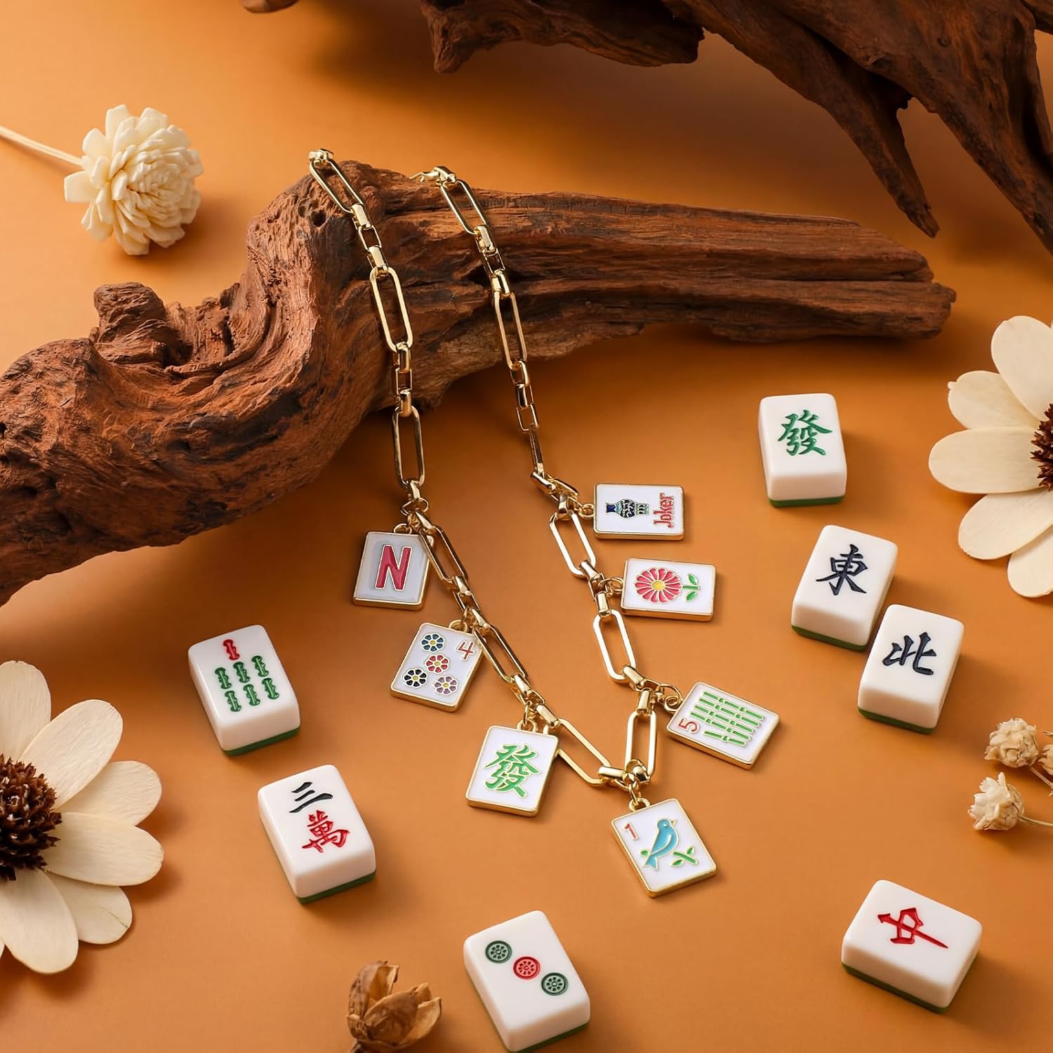 Unittype 10 Piece Mahjong Necklace Gifts Bulk for Women Gold Necklace Classic Patterns Accessories for Mahjong Lovers Mah Jong Gifts Bulk for Women Jewelry Party Favors