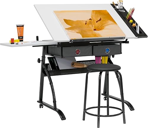 Miniatura 7 de SD STUDIO DESIGNS Core - 2 cajones de tela ajustables en ángulo de ancho, estante lateral y taburete, mesa de dibujo, gris plomizoblanco