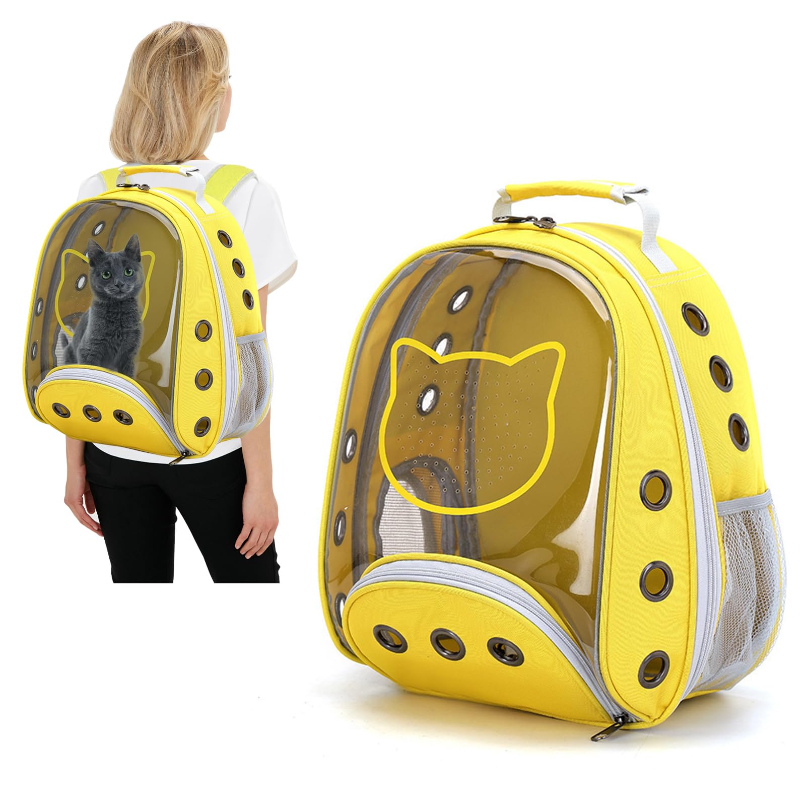 PETCUTE Zaino a Capsula Spaziale per Animali Domestici, Trasparente Zaino per Gatti e Cani con Cinturino di Sicurezza Interno,Tappetino Rimovibile,per Viaggi, Escursioni,Passeggiate,Giallo