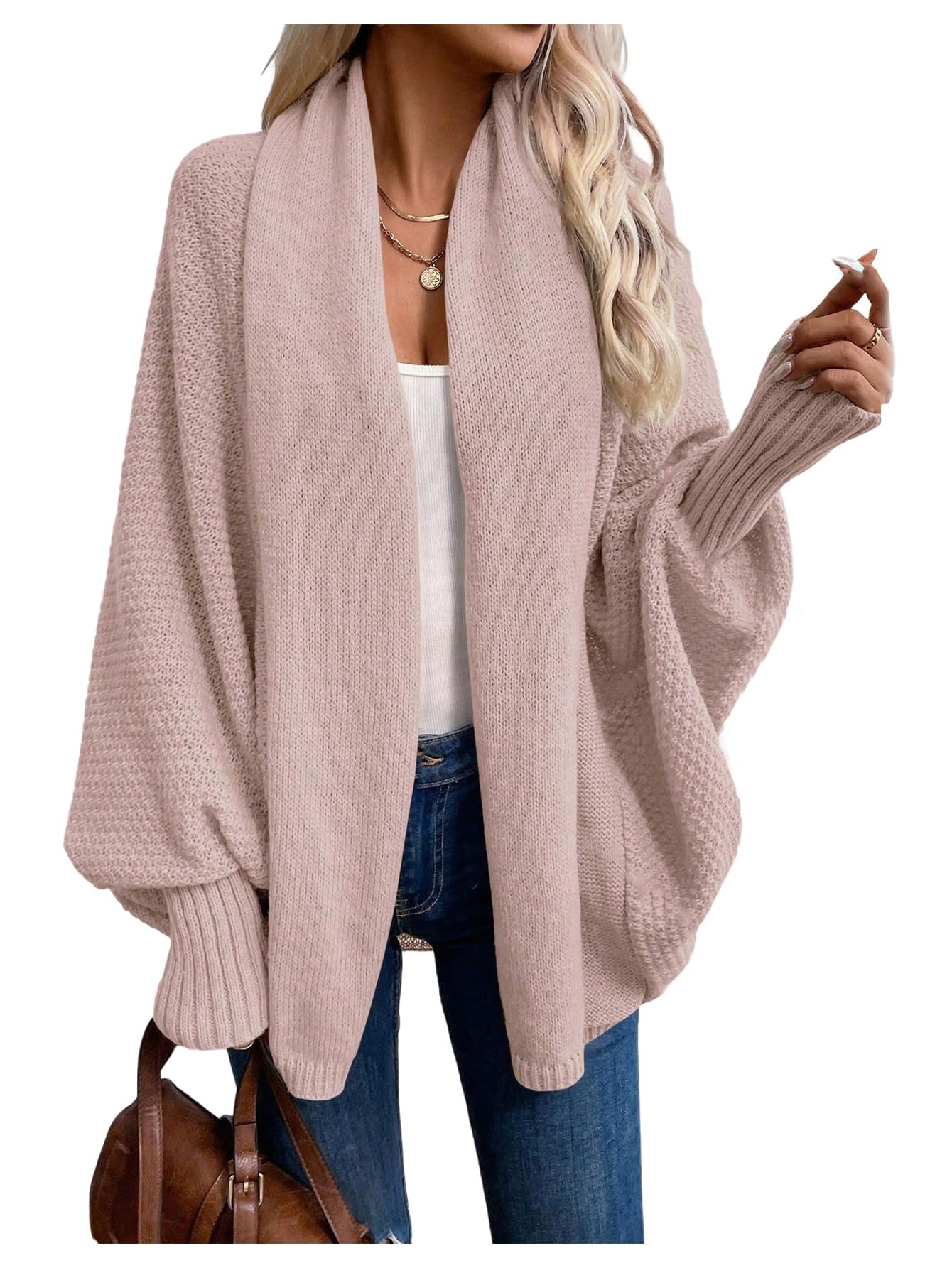 MakeMeChic Womens Casual Open Front Long Sleeve Chunky Knit Cardigans Sweaters Outerwear Coats Pink Large