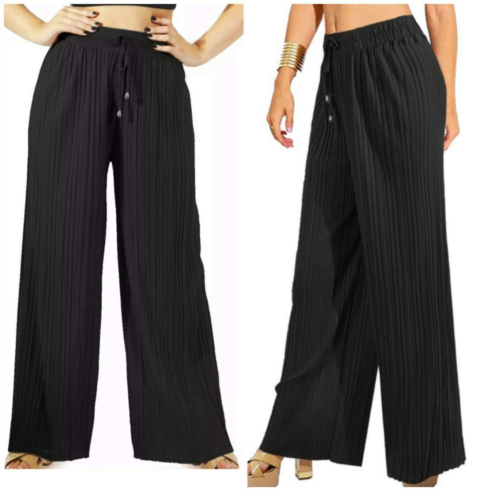 Ladies Women's Wide Leg Trousers Harem Pleated Crinkle Flared Pants Palazzo Plain Baggy Fits UK 8-22