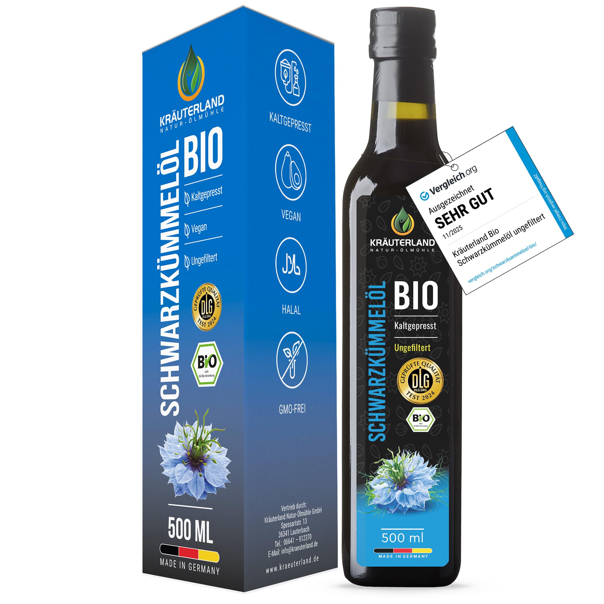 Kräuterland Schwarzkümmelöl Bio 500ml, kaltgepresst & ungefiltert, hoher Thymochinon‑Anteil, ägyptische Samen, mühlenfrisch, 1. Pressung, 100 % Nigella sativa, naturrein, lichtgeschützten Glas