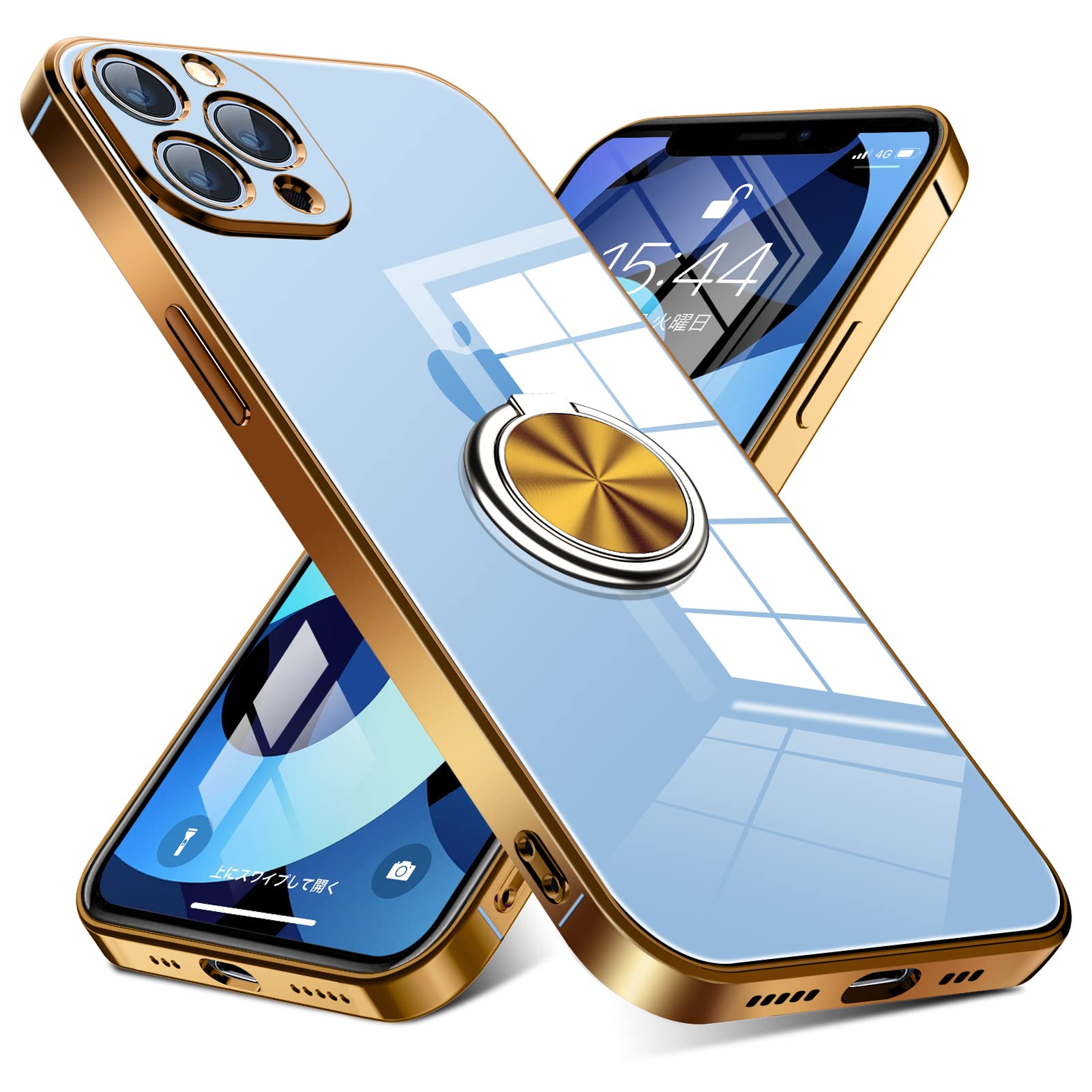 iPhone 12 Pro Max 用 ケース リング付き クリア 耐衝撃 スタンド機能 透明 TPU 車載ホルダー対応 落下防止 防塵 薄型 軽量 一体型 変形防止 全面保護カバー アイフォン 12 プロ マックス 用 ケース 金 W-YXZH-05-04