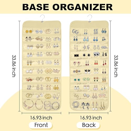 Miniatura 2 de Organizador de joyas colgante de doble cara rollo de almacenamiento con ganchos de metal, 80 bolsillos a prueba de polvo para aretes, anillos en