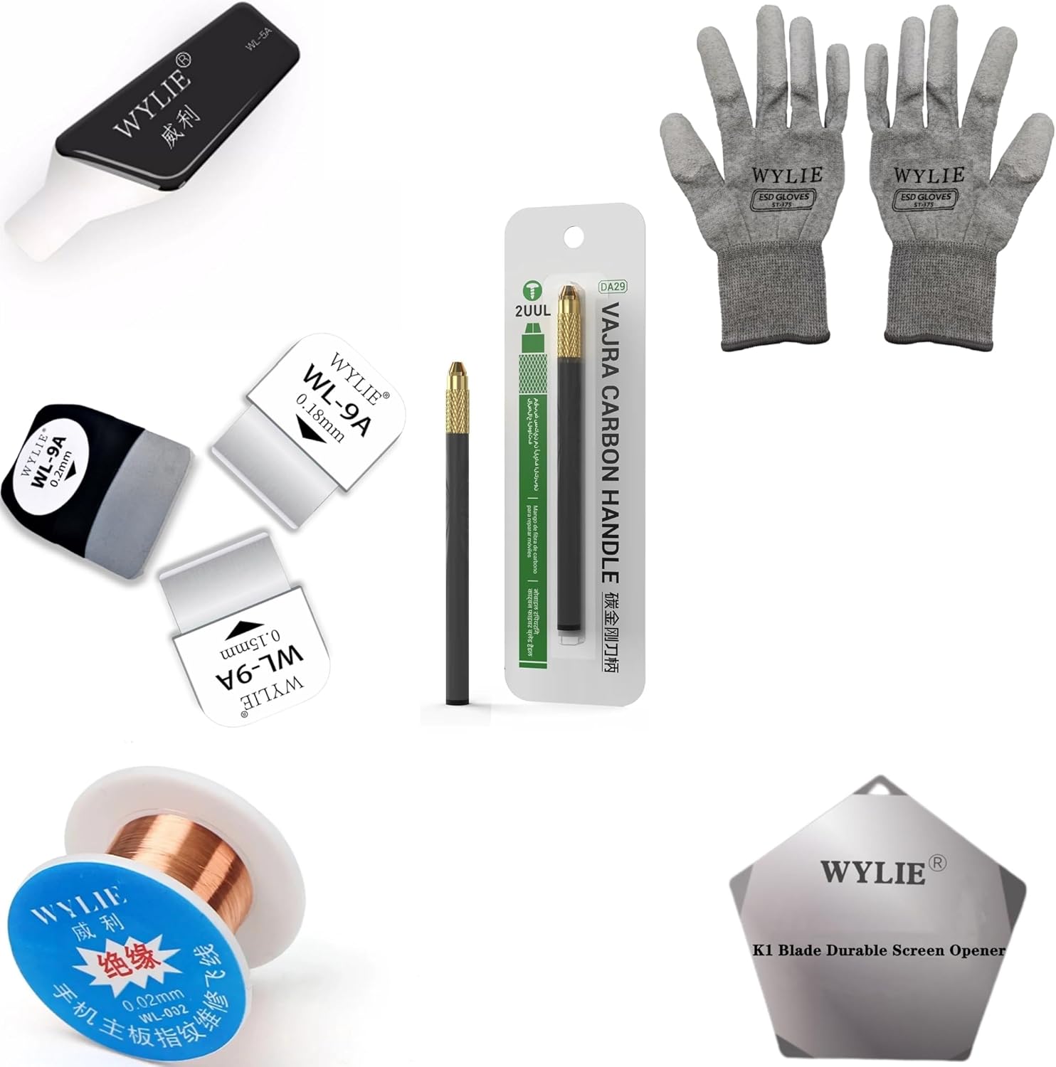 2UUL DA29 Vajra Carbon Handle for Mobile Phone Repair Carbon Fiber Knife Handle with ESD Gloves and Screen Opener WYLIE Professional Tools 10 Pack