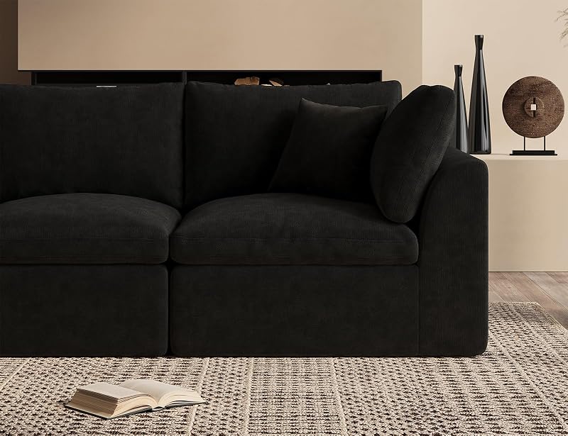 ohllob 110" Cloud Sectional Couches for Living Room, Boneless L-Shape Couch with Ottoman, 3 Seater Modular Sectional Sofa, Black image 6