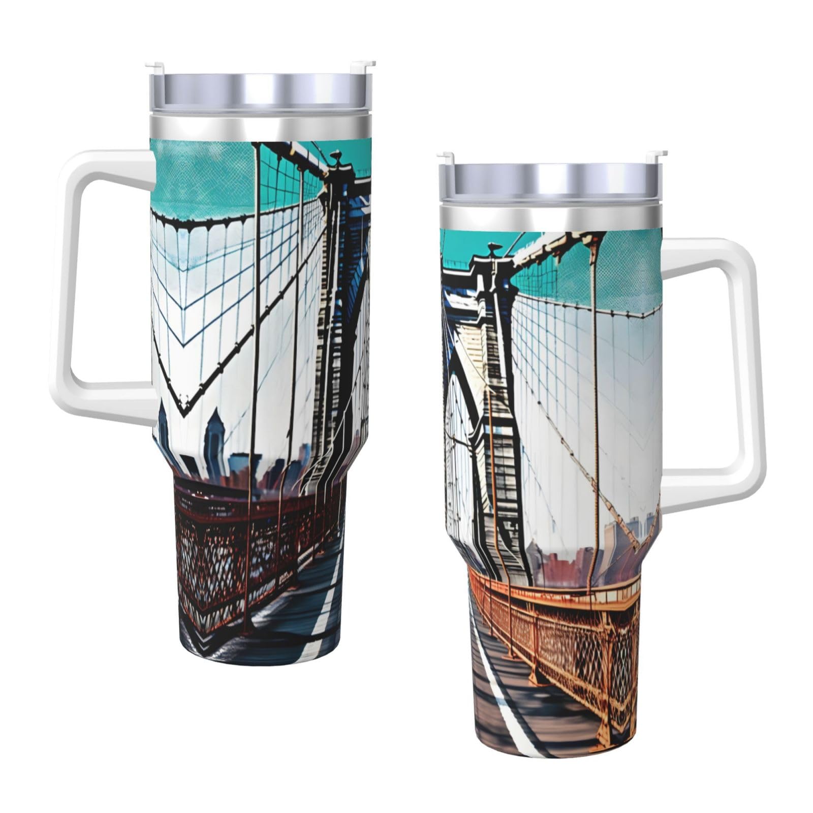 Brooklyn Bridge Wasserflasche aus Edelstahl, doppelwandig, isoliert, mit Griff und Strohhalm-Deckel, 1,2 l