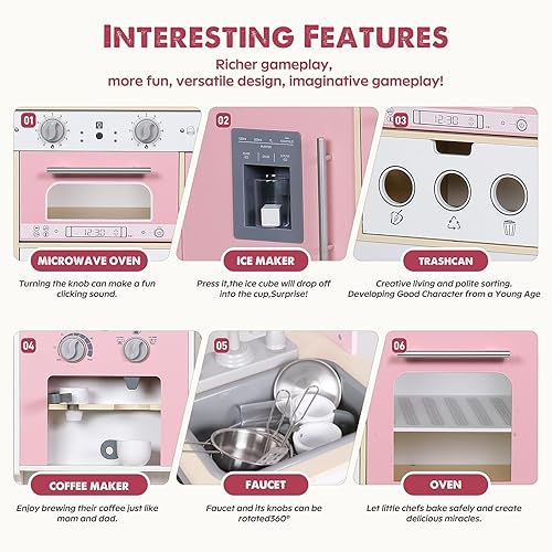 Miniatura 6 de Juego de cocina para niños, cocina de juego de madera, altura ajustable, viene con varios accesorios de cocina, juguete de juego de rol ideal para