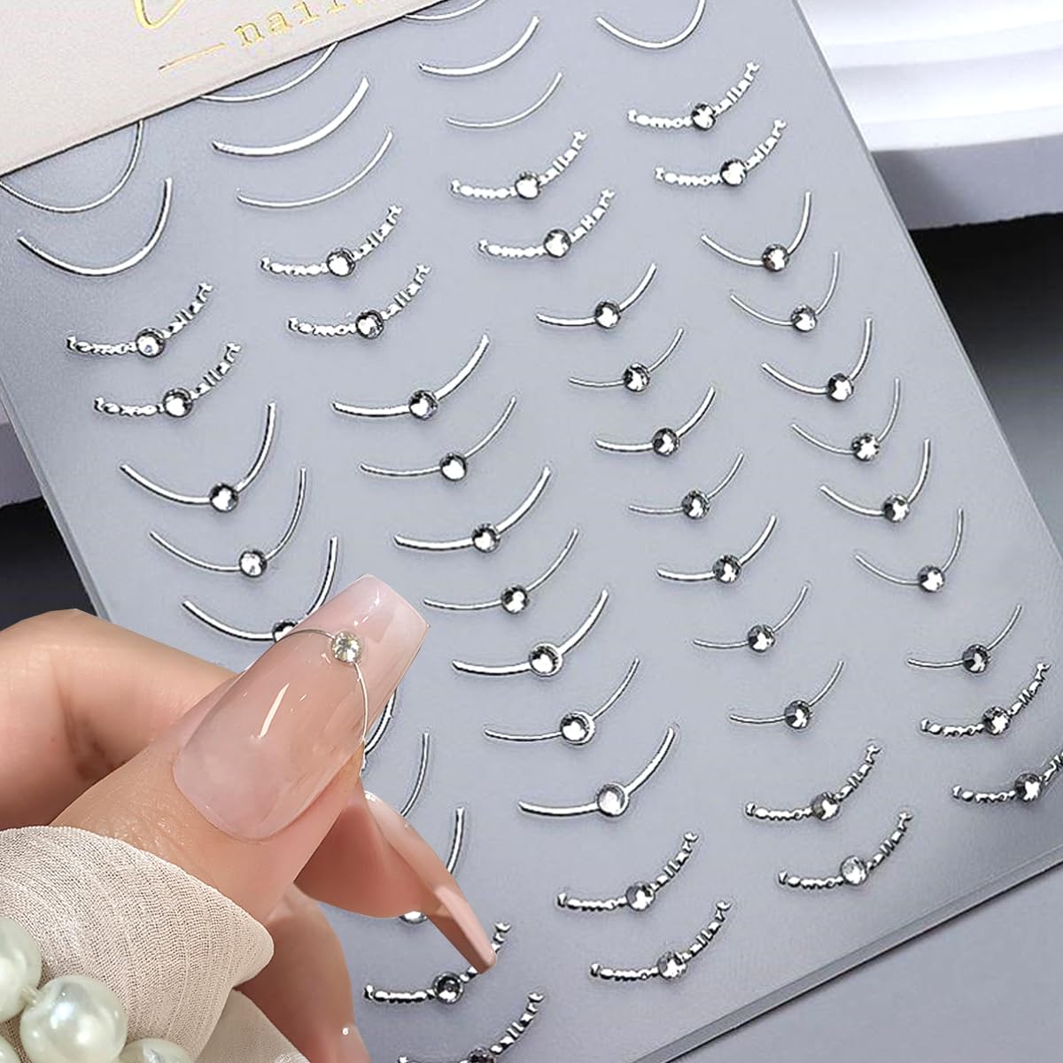 French Tip Nail Art Sticker - 2pcs 5D Diamond Line Nail Stickers Luxury Gold Silver Lines Self-Adhesive with Crystal Diamond Nail Design Line Decals for Nails Art DIY Manicure Accessories Decoration