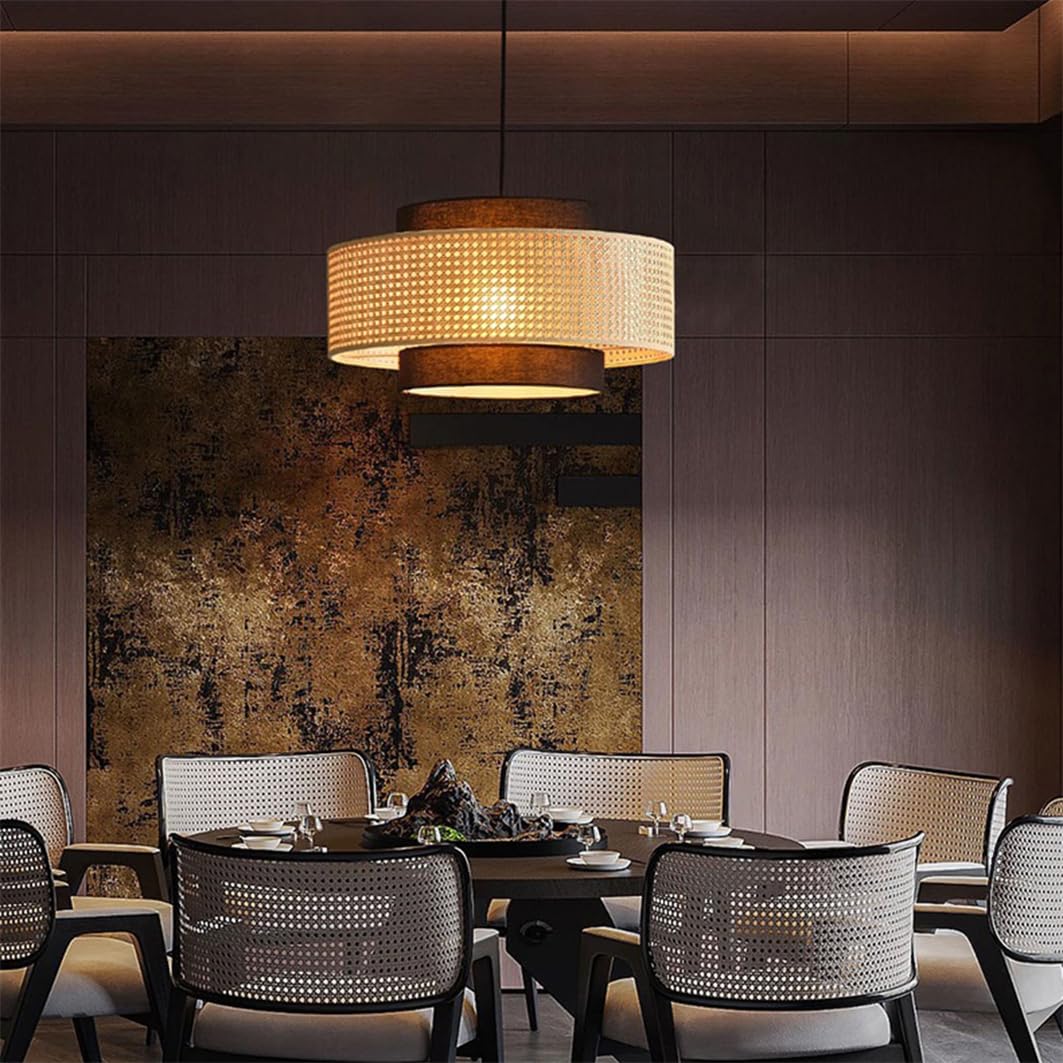 Lampadario A Sospensione Unico In Tessuto Nero, Stile Wabi-sabi | Raccordo in rattan a forma di cilindro Eleganti lampadari a sospensione per interni per sala da pranzo, ingresso