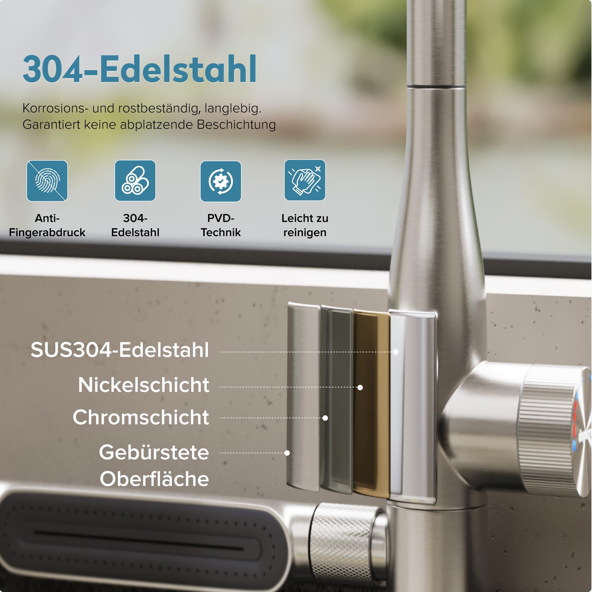 doporro Wasserhahn Küche Hochdruck, Küchenarmatur ausziehbar mit Brause | Spültischarmatur Küche aus Edelstahl, Armatur Küche 360 Grad schwenkbar, 5 Strahlarten, Mischbatterie Turnix-03