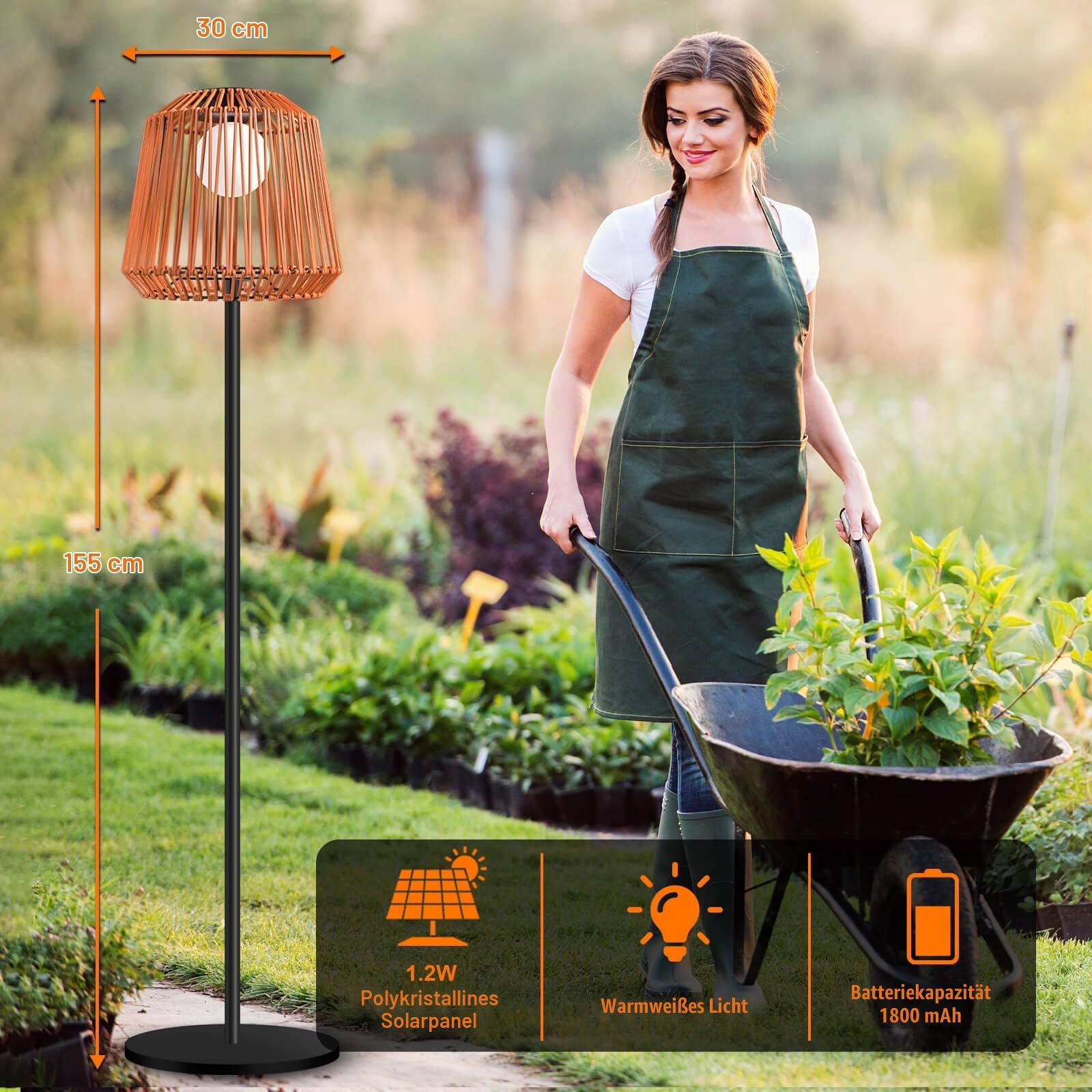 Solar Stehlampe Outdoor Rattan, Terrassenlampe Garten, USB & Solar Aufladung, 3 Helligkeitsstufen, IP65 Wasserdicht, Warmweiß LED Stehleuchte für Terrasse Balkon Veranda Wohnzimmer