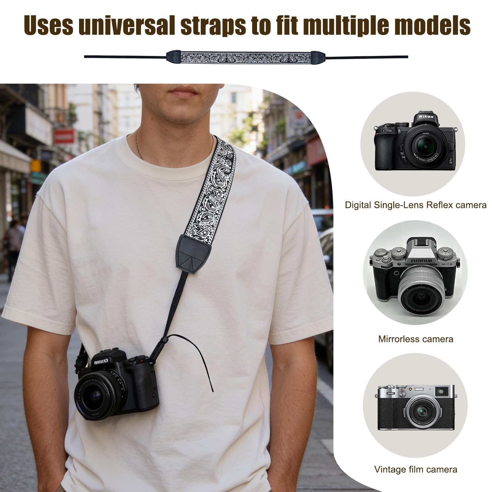 Pasek do aparatu w stylu vintage, szeroki, 5 cm, uniwersalny pasek na ramię do lustrzanki DSLR i aparatu systemowego, regulowany pasek do noszenia na szyję w stylu retro, miękki nylon ze skórą, pasuje