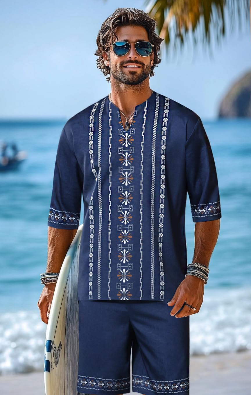 Men's Print Linen Shirts and Shorts Set Short Sleeve 2 Piece Beach Vacation Outfits Summer Yoga Suits With Pockets - Image 2