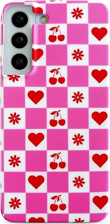 Qokey for Galaxy S22 Plus 5G Case 6.1",Vintage Rose Grid Design Case for Women Men, Cute Matte Pattern Soft Bumper Slim TPU Shockproof Phone Cover for Galaxy S22+ 6.6", Cherry Love